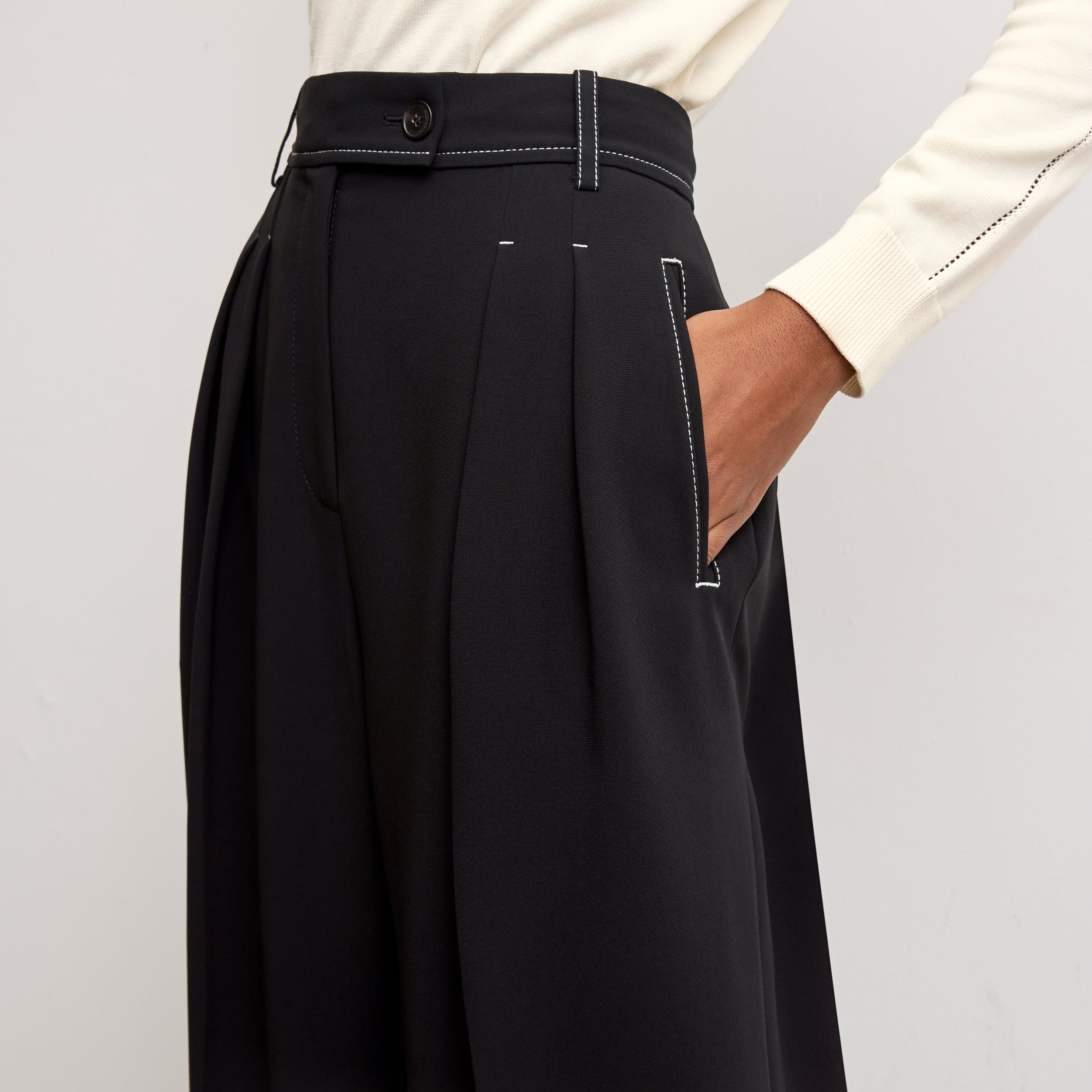 Bia Pleated Trousers for Women - High Waist Everyday Crepe Pants with Topstitch Detail - Comfortable Office Work Pants - Black - Perfect for Business Casual & Professional Wear