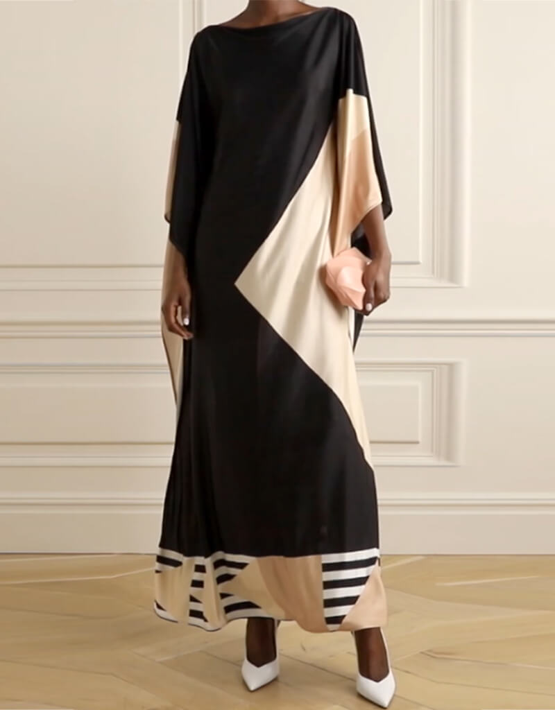 Luxury Black & Beige Satin Silk Kaftan Dress - Elegant Loungewear for Women | Perfect for Home Relaxation, Beach Cover-Up & Special Occasions