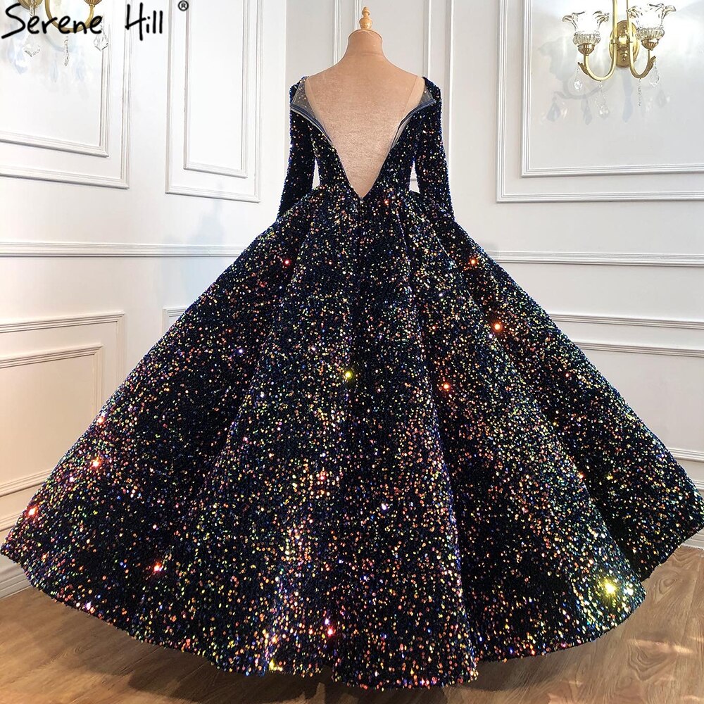 Serene Hill 2025 Indigo Blue & Gold Luxury Wedding Dress with Sequins - Long Sleeve Plus Size Bridal Gown HA2466 (Custom Made) | Perfect for Beach, Church & Formal Weddings