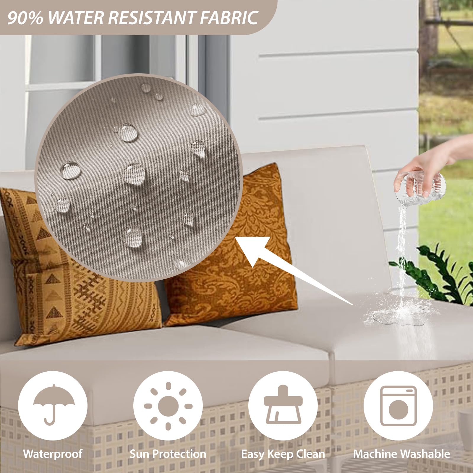 Waterproof Outdoor Cushion Covers Set of 14 - Washable Patio Furniture Covers with Zipper & Ties for Wicker Rattan Sectional Sofa Chairs (Khaki) | Perfect for Backyard, Poolside & Garden Decor