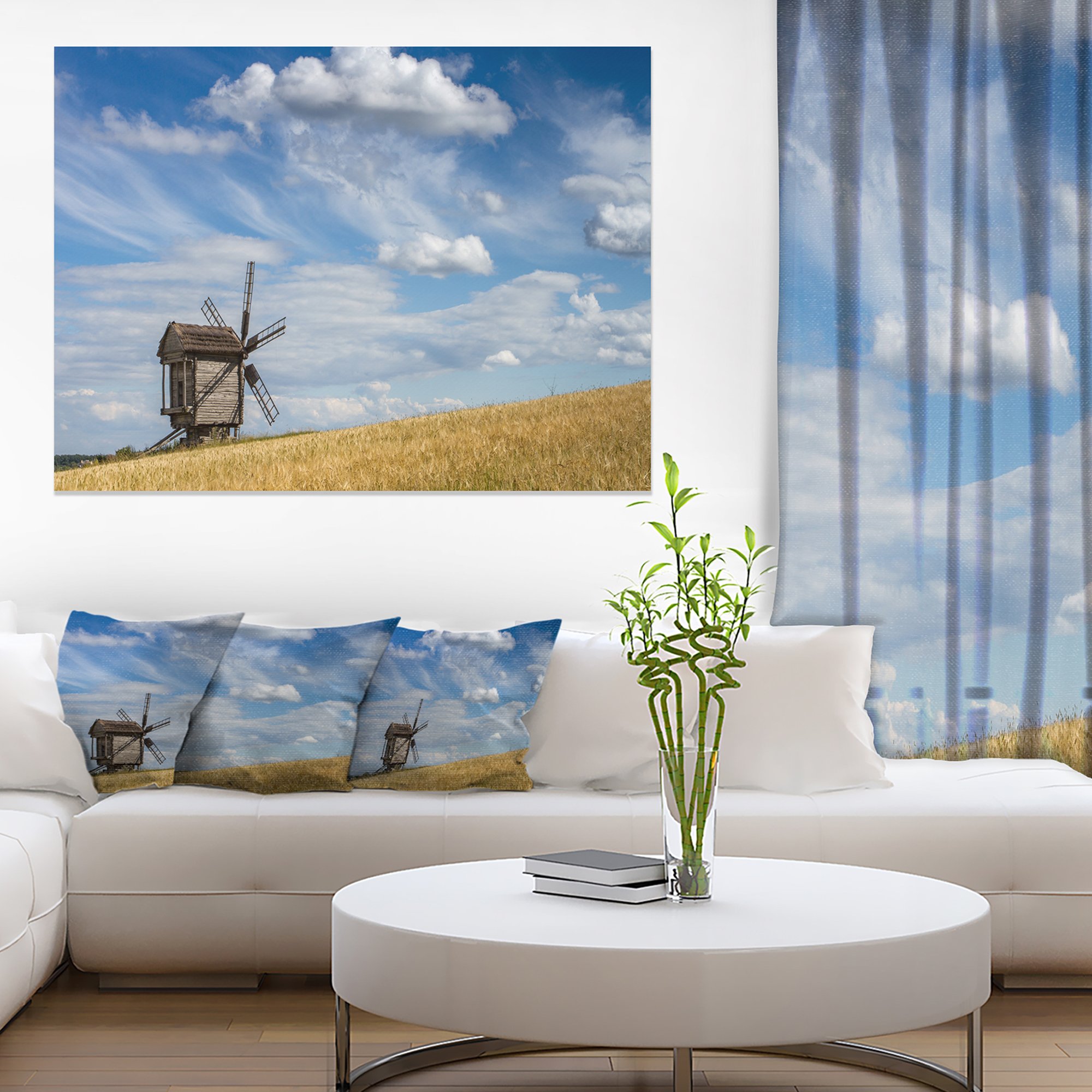 Cloudy Sky and Windmill Summer Landscape Canvas Art Print - Wall Decor for Living Room, Bedroom & Office