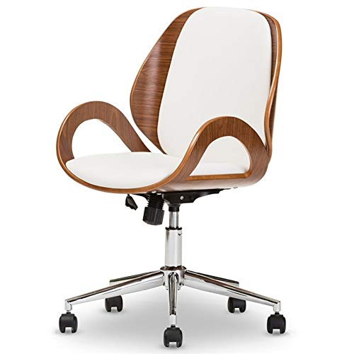 BOWERY HILL Modern Faux Leather Office Chair - White & Walnut Finish - Ergonomic Desk Chair for Home Office, Gaming & Workspace