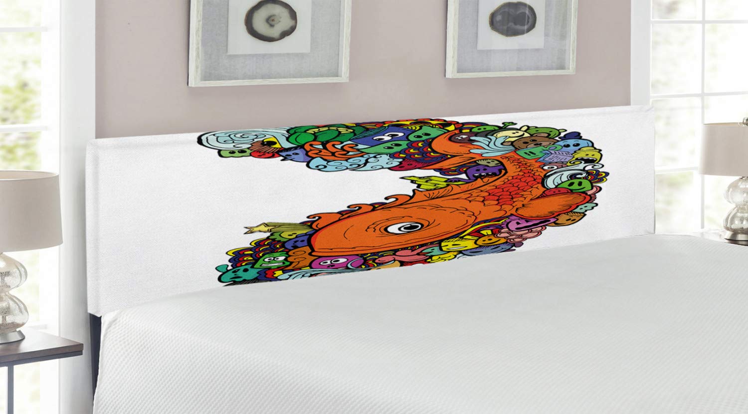 Ambesonne King Size Upholstered Fish Headboard - Colorful Underwater Sea Creatures & Coral Reef Design, Decorative Metal Bed Frame with Memory Foam | Perfect for Kids' Room, Beach House or Ocean-Themed Bedroom Decor
