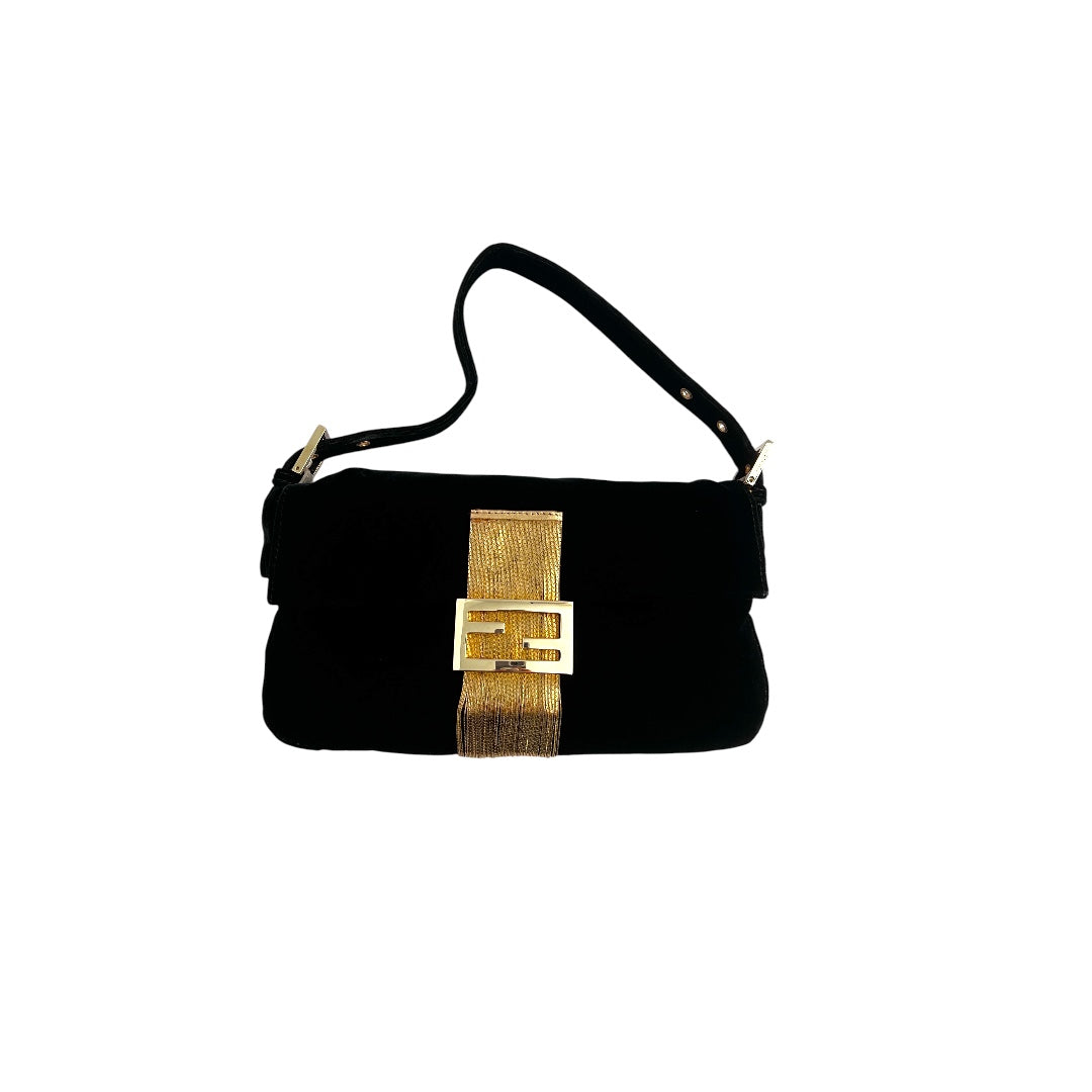 Fendi Black Velvet Shoulder Bag with Gold Tassels - Elegant Baguette Purse for Women, Perfect for Evening Parties & Special Occasions