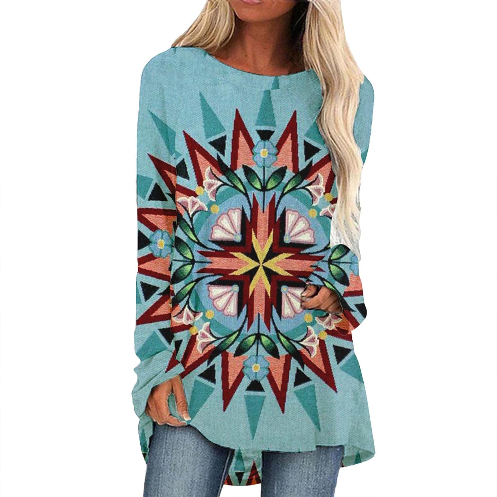 Women's Casual Long Sleeve Ethnic Print Blouse - Round Neck T-Shirt Top for Ladies | Perfect for Everyday Wear, Office & Boho Style Outfits