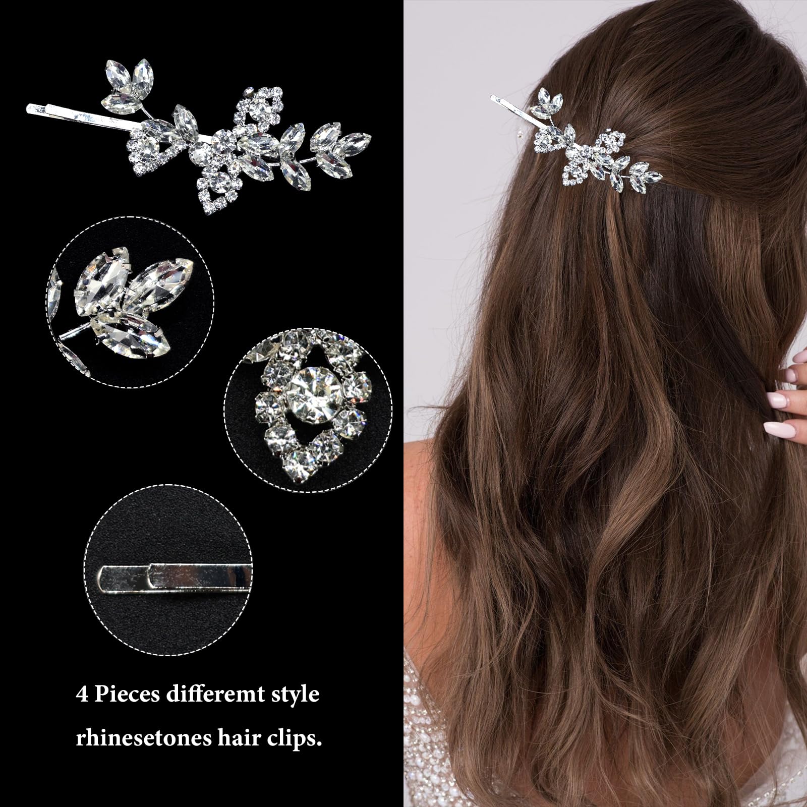 4Pcs Rhinestone Hair Clips - Silver Crystal Leaf Bobby Pins for Wedding, Bridesmaids & Flower Girls | Elegant Bridal Hair Accessories for Ceremony, Party & Special Occasions