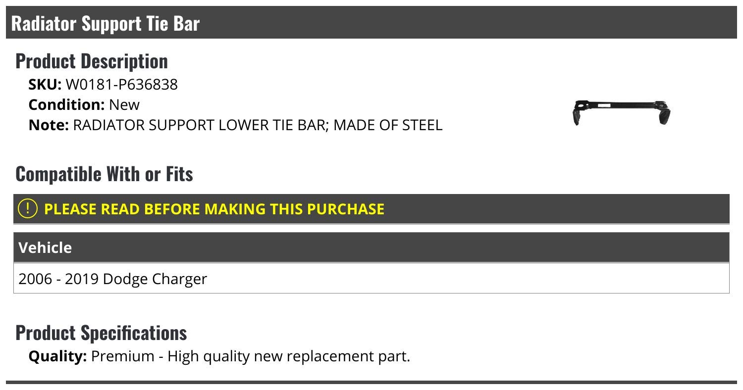 High-Performance Steel Radiator Support Lower Tie Bar for 2006-2019 Dodge Charger - Enhances Front-End Stability - Perfect for Racing, Off-Roading & Daily Driving