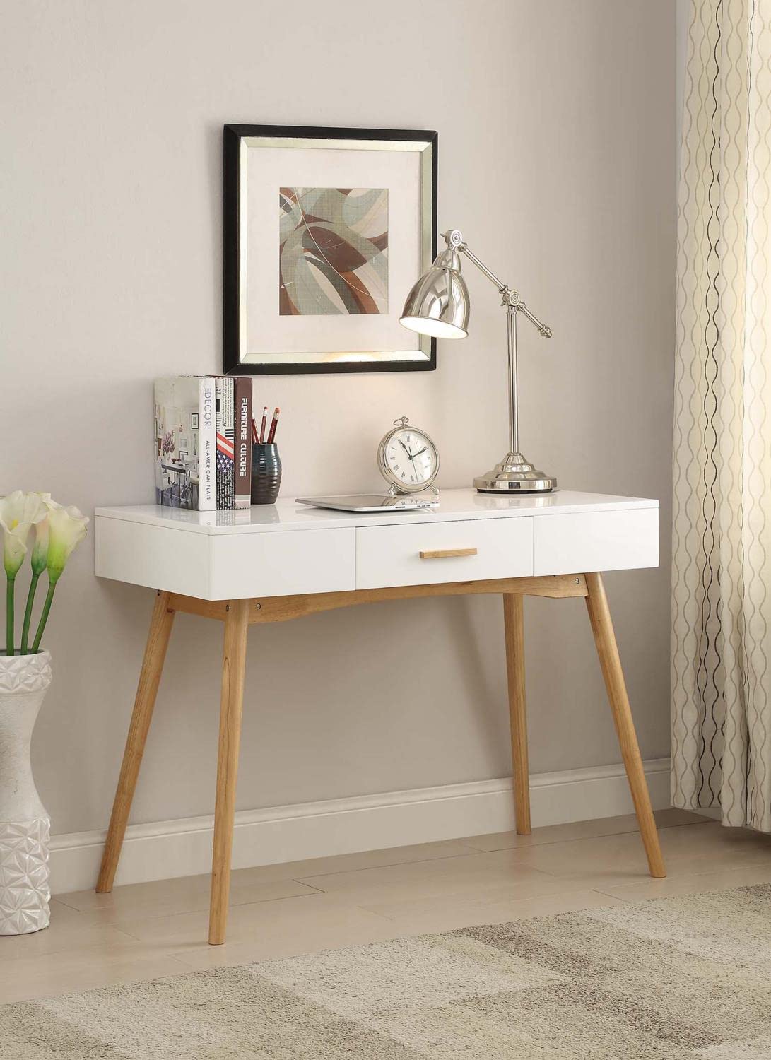 Convenience Concepts Oslo 1 Drawer Desk - White Modern Writing Desk for Home Office, Study & Small Spaces - Compact Computer Desk with Storage Shelf