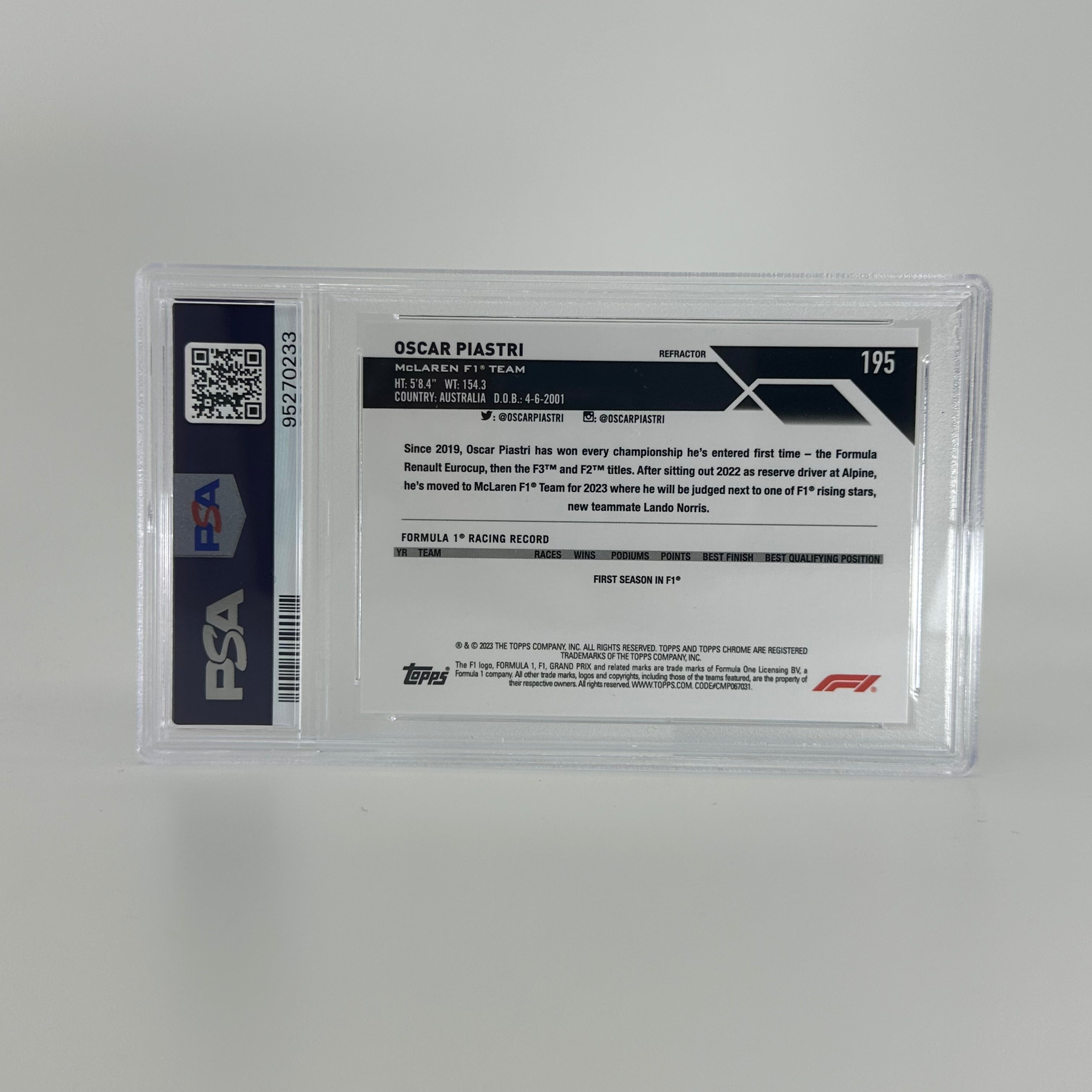 2023 Topps Chrome F1 Oscar Piastri #195 PSA 9 Rookie Refractor Card - Perfect for F1 Collectors and Racing Fans Display