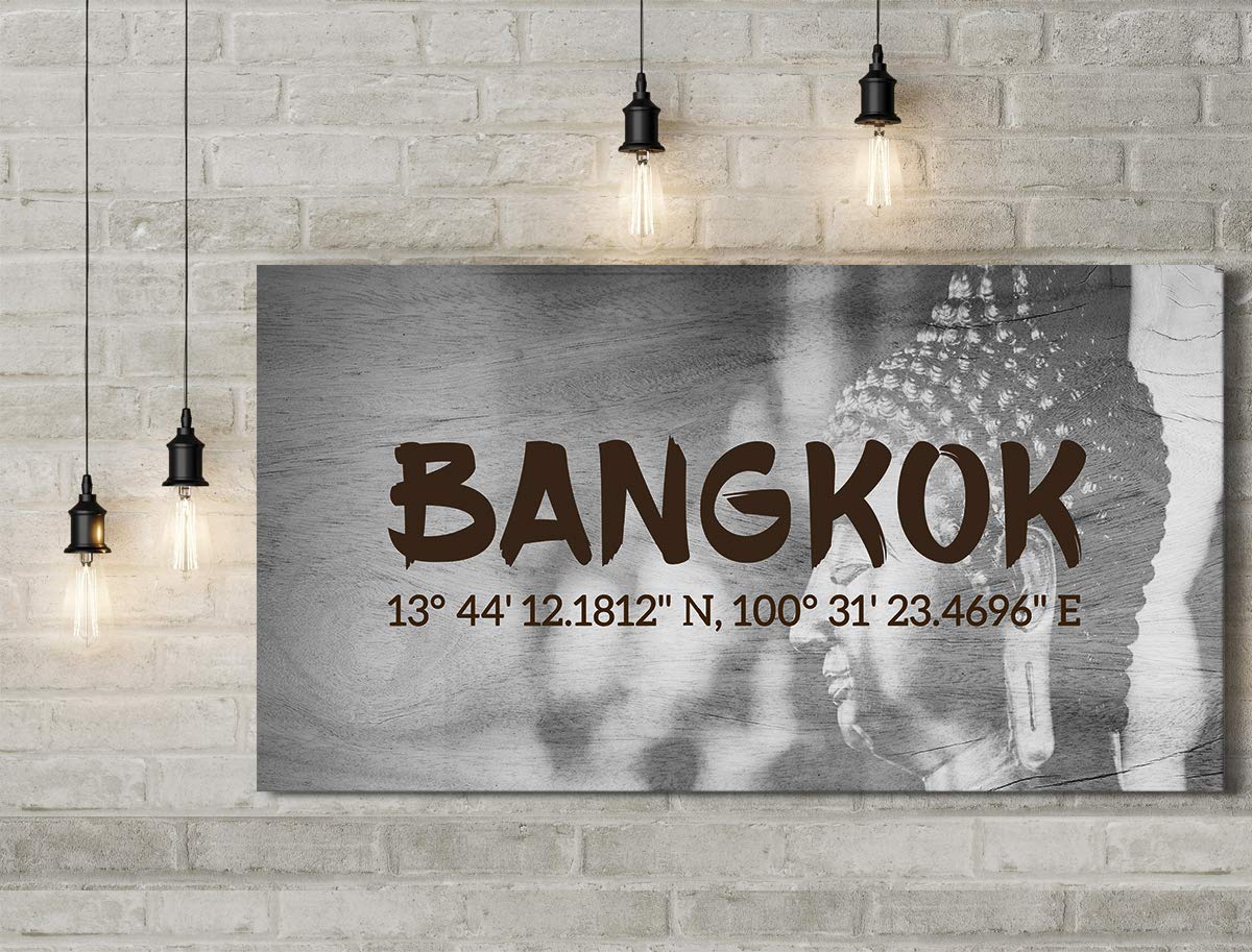 Bangkok Thailand Longitude Latitude Home Decor - Farmhouse Canvas Wall Art with GPS Coordinates - Buddha Wall Art - Unique Gift for Women & Men - 60x30 Ready to Hang Canvas - Perfect for Living Room, Bedroom & Office Decor