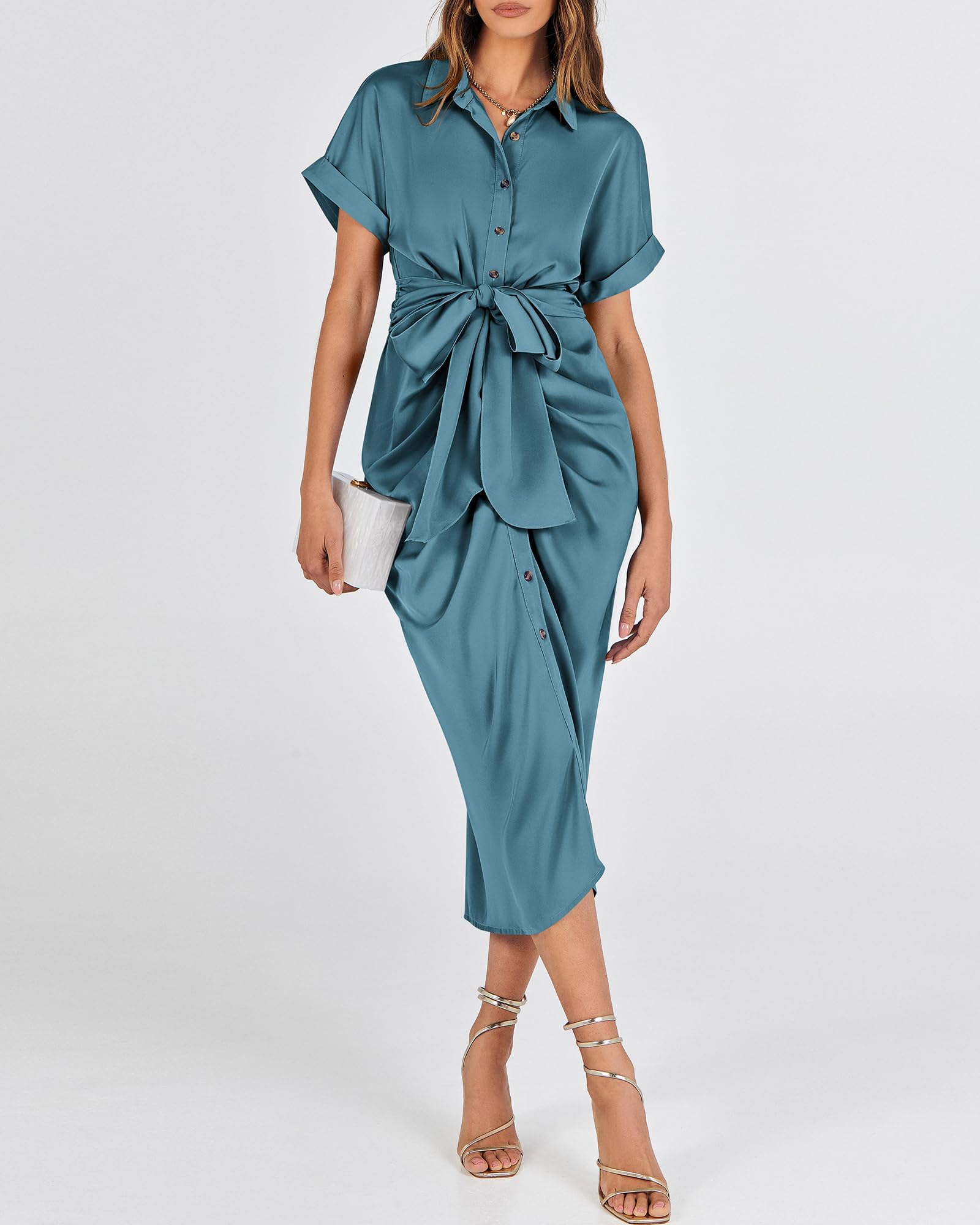 BTFBM Women's 2025 Elegant Ruched Button Down Shirt Dress - Short Sleeve Lapel V-Neck Satin Maxi Dress for Spring Summer, Perfect for Party, Wedding, Cocktail & Formal Occasions