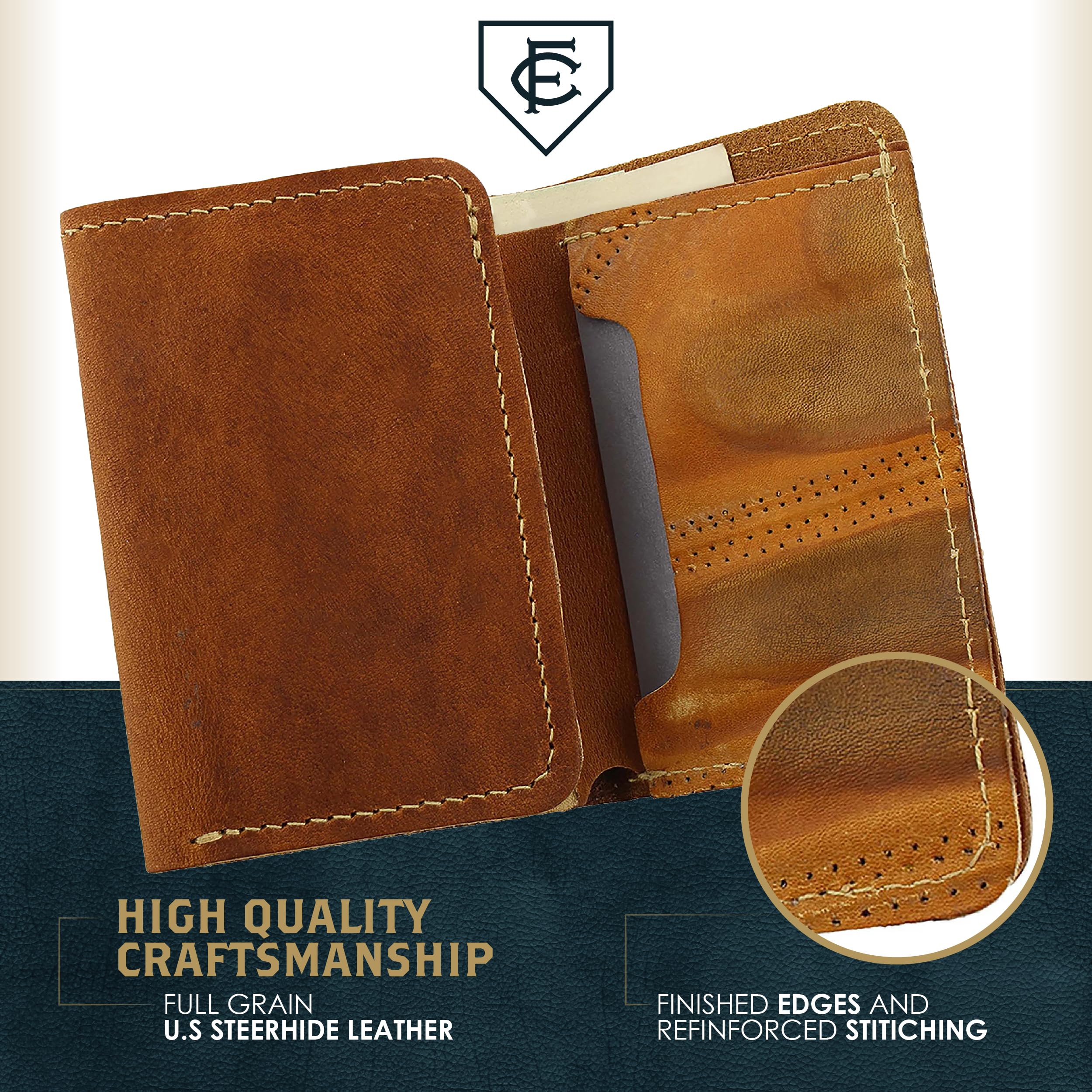 Vintage Leather Trifold Wallet for Men - Handcrafted from Genuine Baseball Gloves | RFID Blocking | Slim Bifold Design | Perfect for Everyday Carry & Travel | FC Goods