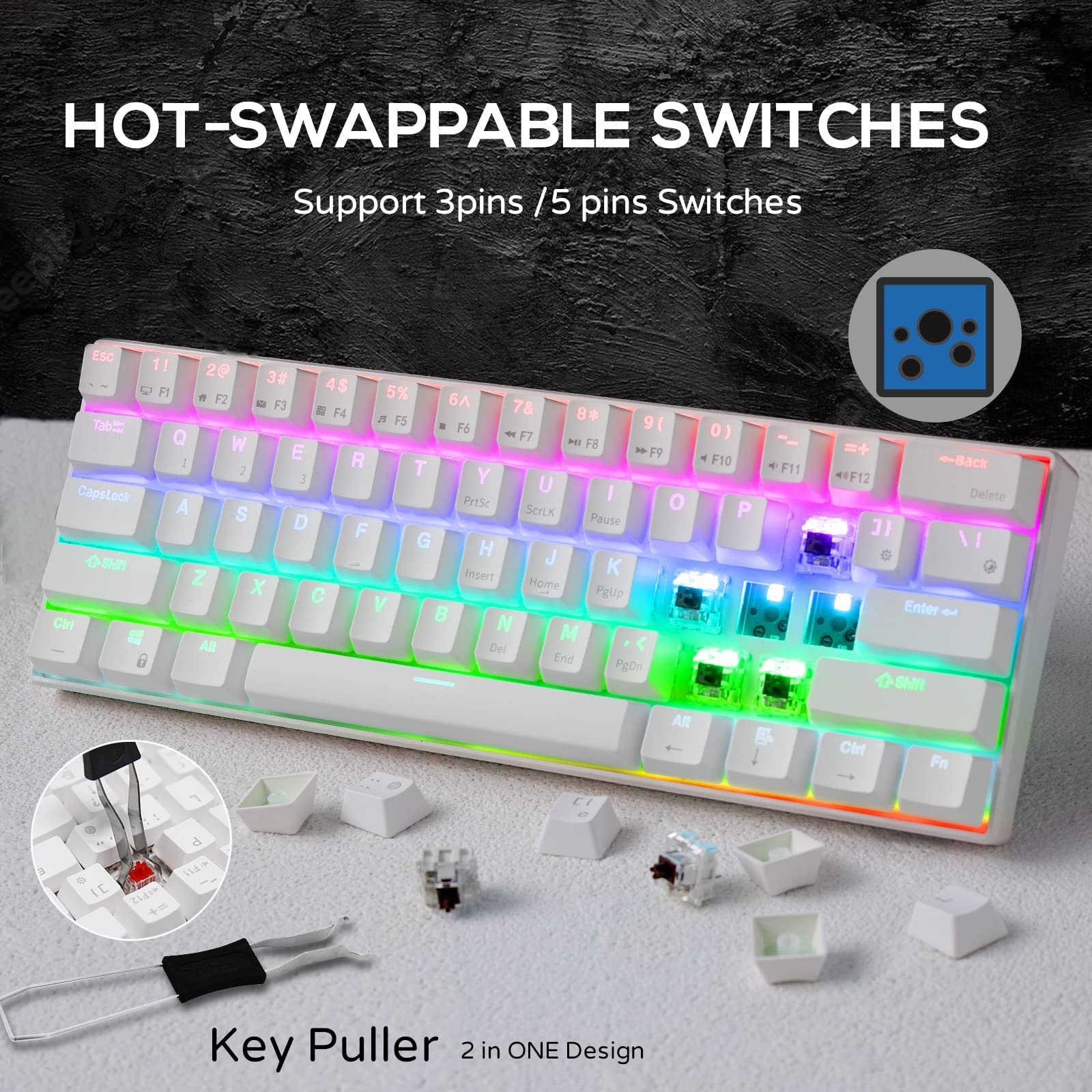 RK ROYAL KLUDGE RK61 Wireless Mechanical Keyboard - 60% Compact 61 Keys, RGB Backlit, Hot-Swappable Brown Switches, Bluetooth/2.4Ghz/Wired Triple Mode for Gaming & Typing - Compatible with Windows & Mac - Perfect for Office Work, Gaming & Programming