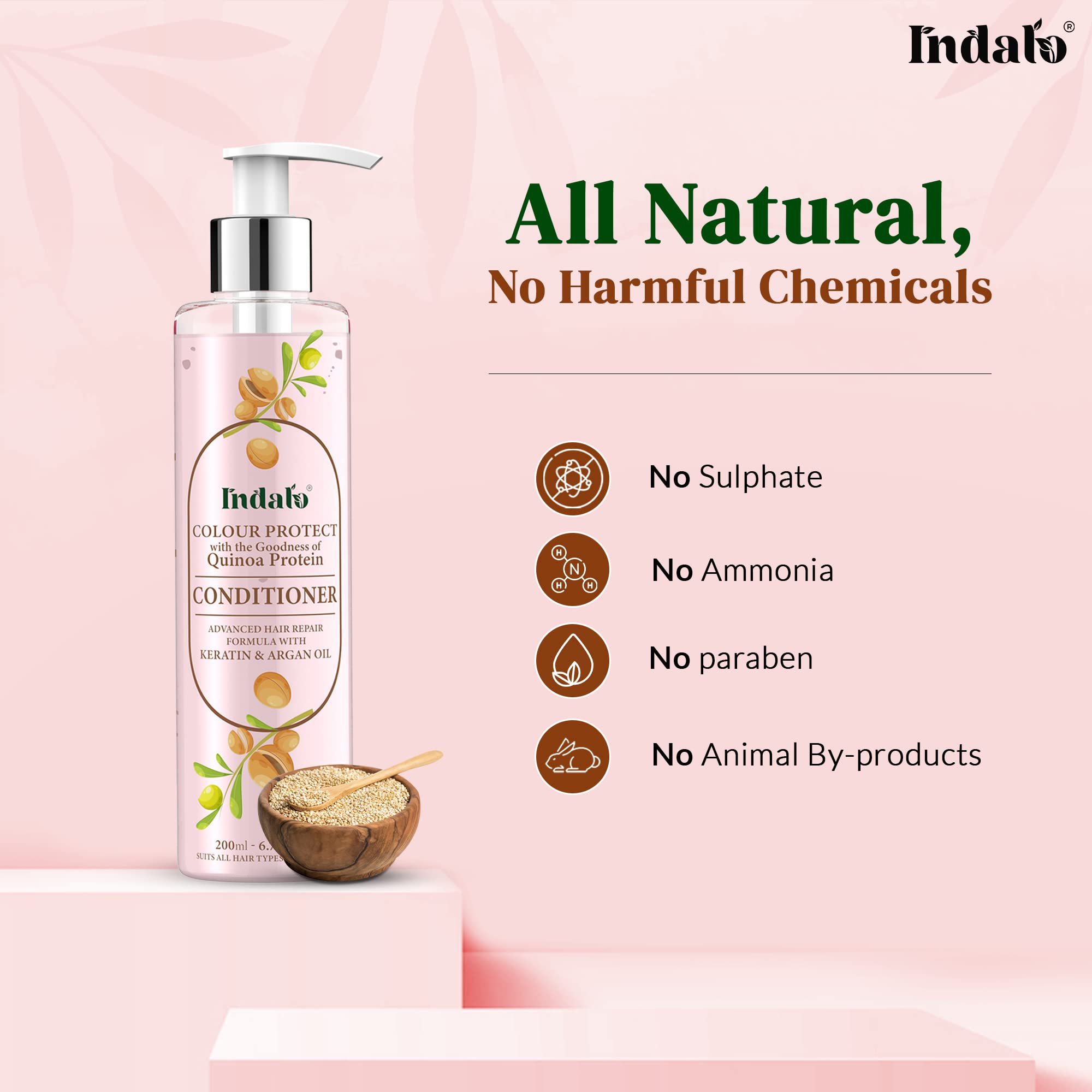 Indalo Quinoa Protein Color Protect Conditioner with Argan Oil - Keratin Treatment for Color-Treated & Damaged Hair - Sulfate Free, Paraben Free (200ml) - Smooth, Nourished Hair for Daily Care & Salon-Quality Results