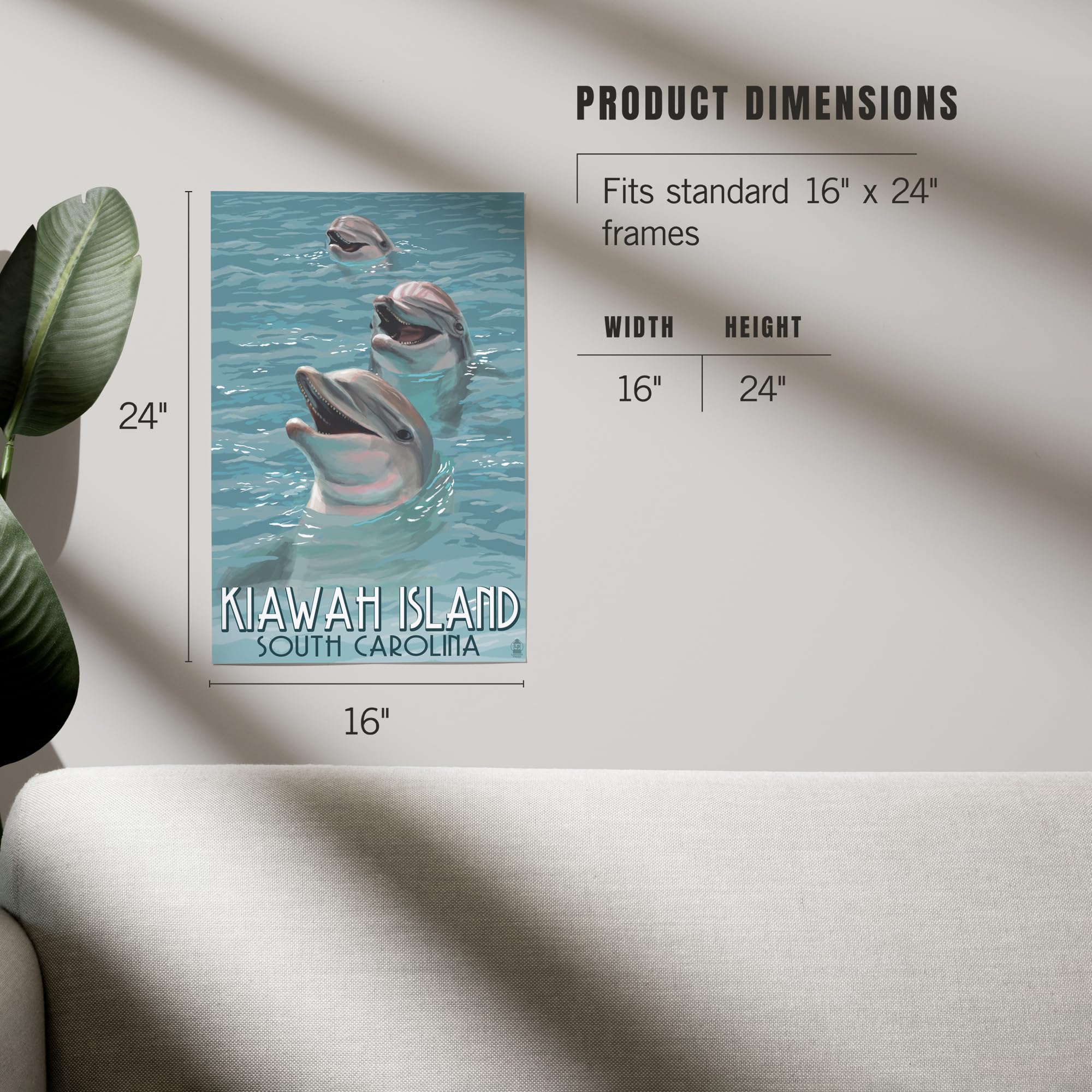 Lantern Press 16x24 Inch Giclee Art Print - Kiawah Island South Carolina Dolphins Wall Decor - Perfect for Beach House, Living Room & Coastal Themed Decor