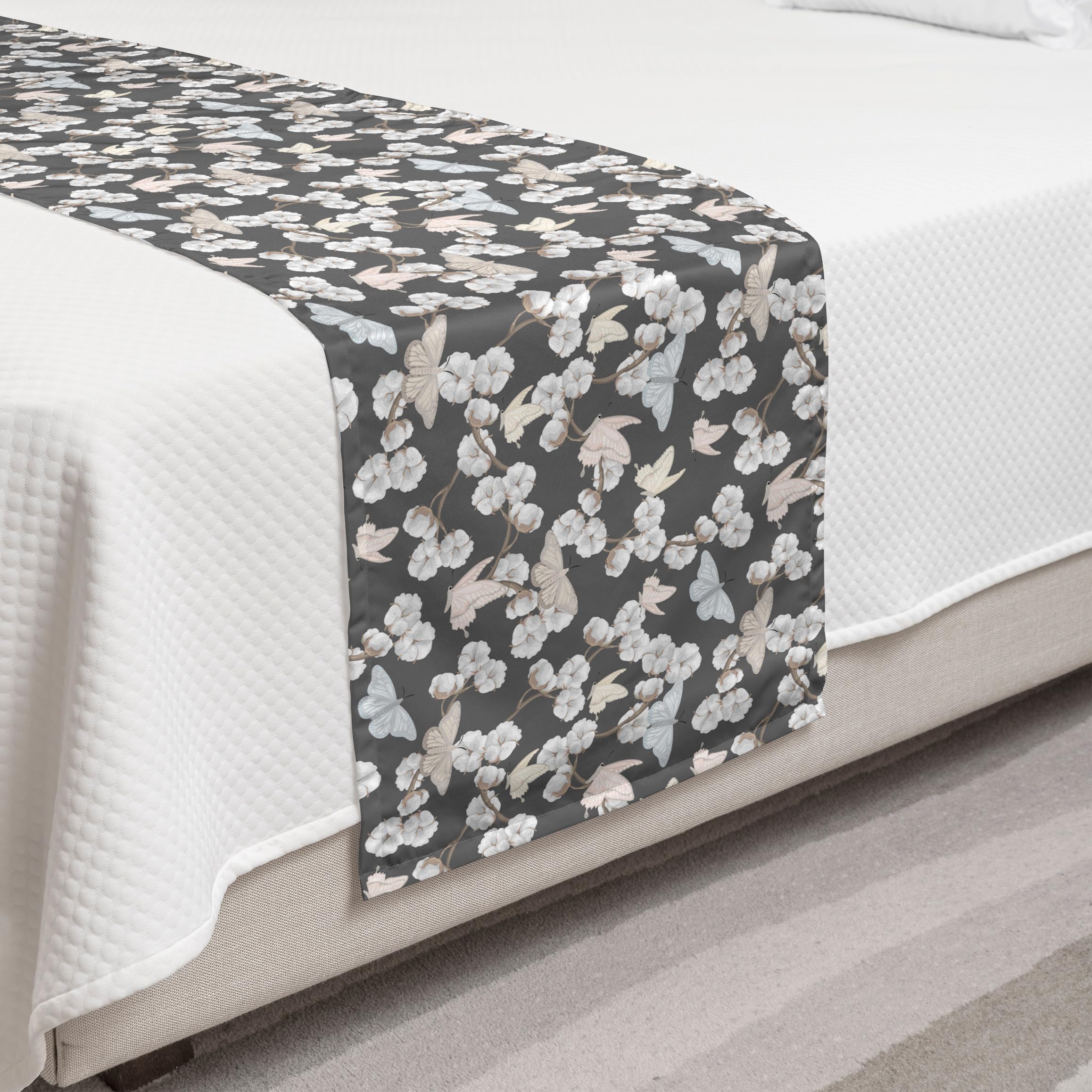 Ambesonne Vintage Floral Bed Runner with Detailed Foliage & Butterflies Pattern - Grey & Warm Taupe Decorative Bedding Scarf for Hotels, Homes & Guestrooms | Perfect for Spring Decor, Wedding Accents & Boho Bedroom Styling
