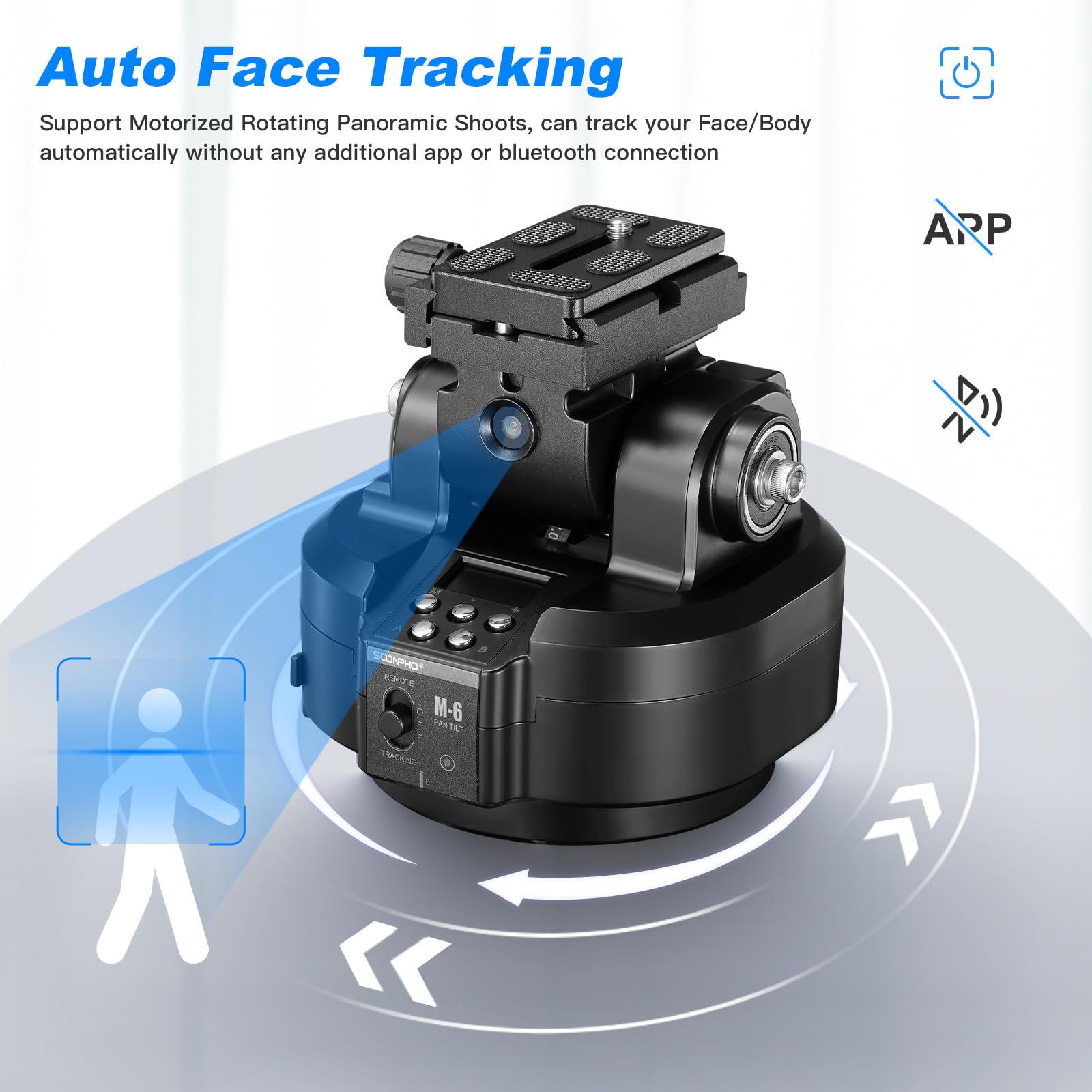 Soonpho M6 Auto Face Tracking Motorized Rotating Panoramic Tripod Head - 360° Remote Control Pan Tilt Head with Phone Clip for DSLR Cameras, Smartphones & Tripods | Perfect for Vlogging, Live Streaming & Photography