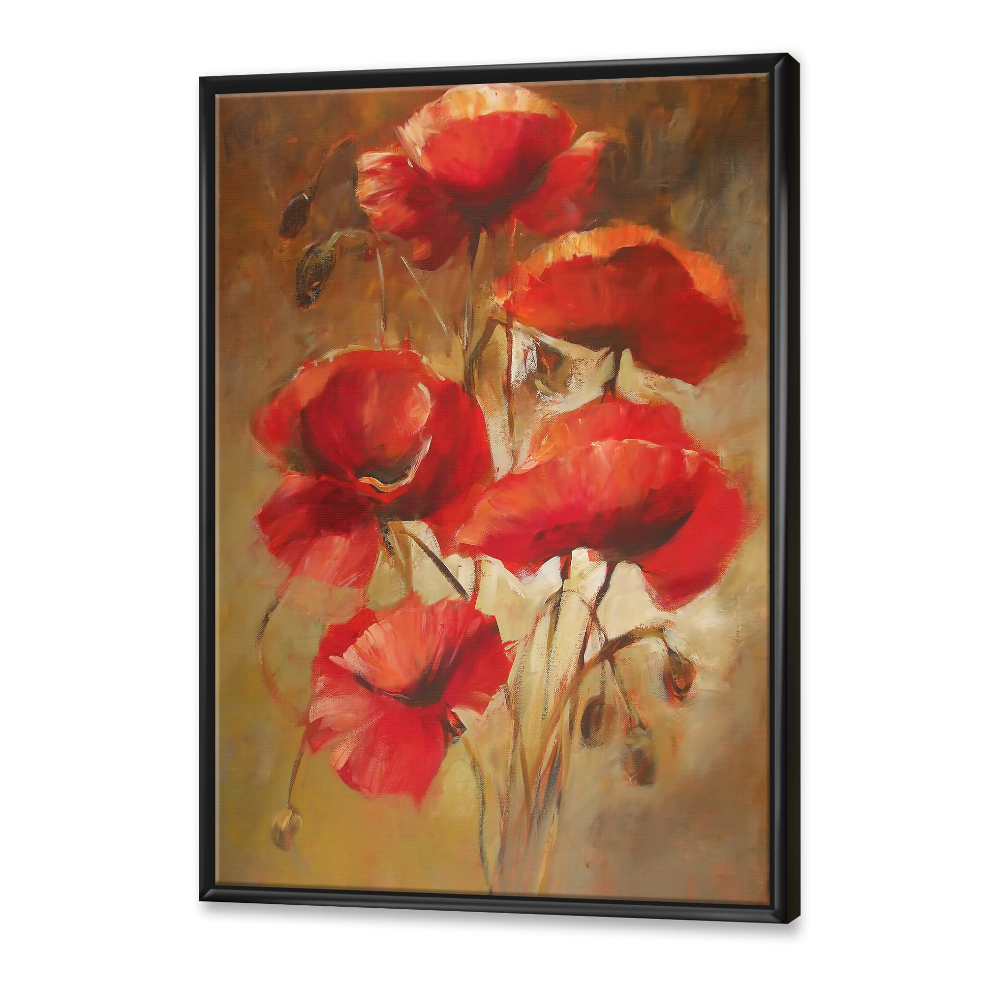 DesignQ Red Blossoming Poppies IV - Traditional Framed Canvas Wall Art Print - Home & Office Decor, Living Room Wall Decor, Gift Idea