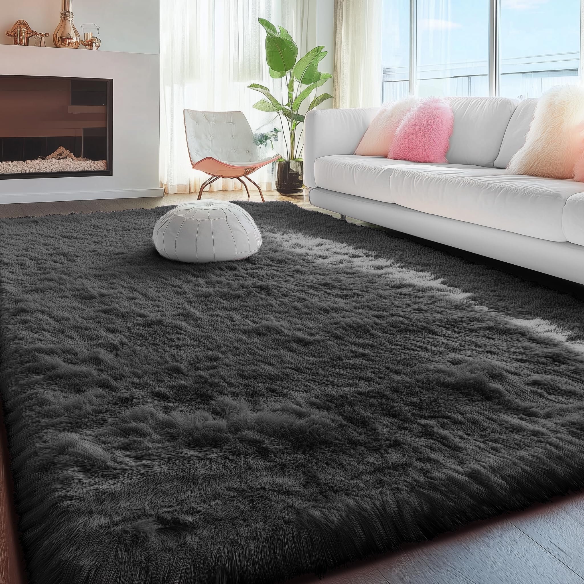 Soft Fluffy Shag Area Rug 5x7 Feet - Plush Machine Washable Fuzzy Carpet for Bedroom, Living Room, Nursery & Dorm Decor - Cozy Black Furry Floor Mat for Kids Room, Teen Room & Home Decor (Perfect for Adding Warmth & Style to Any Space)