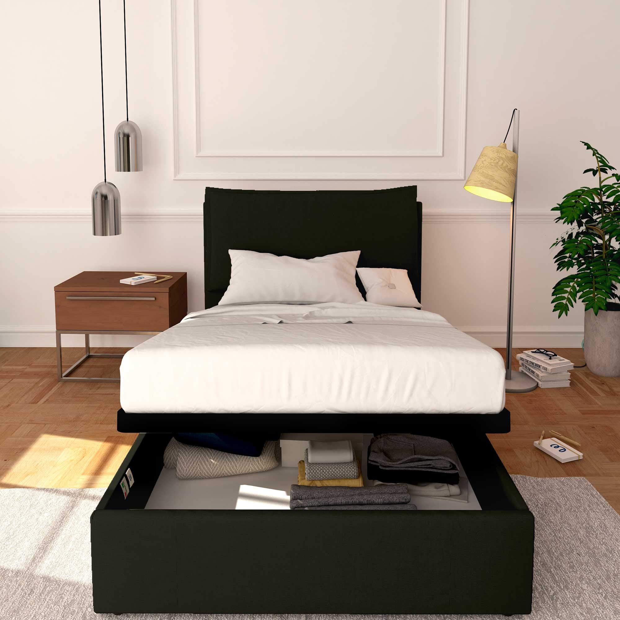 Baldiflex Licia Synthetic Leather Square and Half Bed with Storage, Slatted Base for Square and Half Mattresses, 120 x 200 cm, Finely Padded Headboard, Black - Perfect for Modern Bedrooms, Guest Rooms & Small Spaces