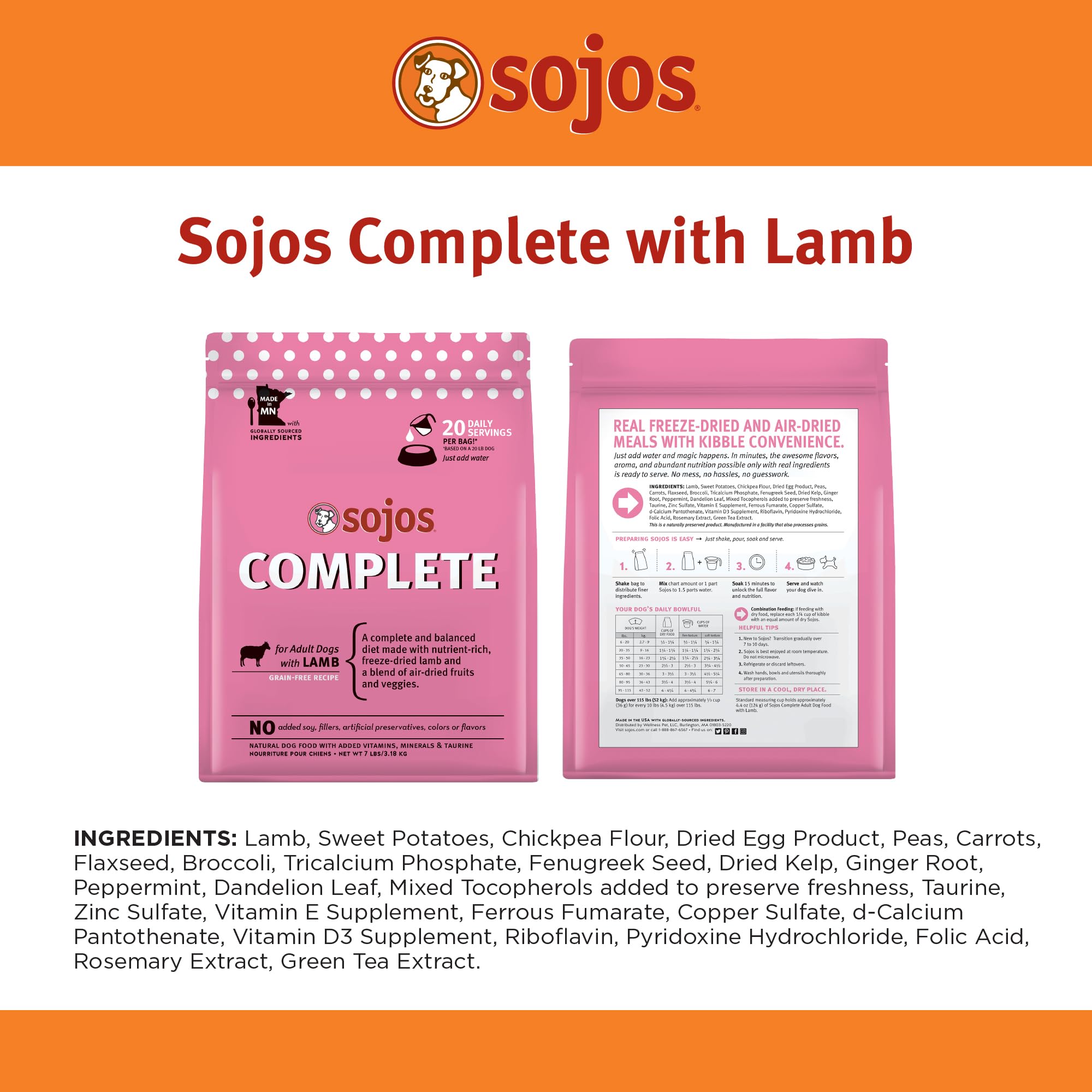 Sojos Complete Lamb Recipe Dehydrated Dog Food - Grain Free, Natural & Healthy 7 lb Bag for Small & Large Dogs - Perfect for Travel, Hiking & Outdoor Adventures
