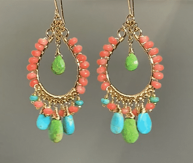 Kingman Turquoise Gold Hoop Chandelier Earrings - Handmade Southwest Jewelry for Women, Boho Chic Accessories for Parties & Special Occasions