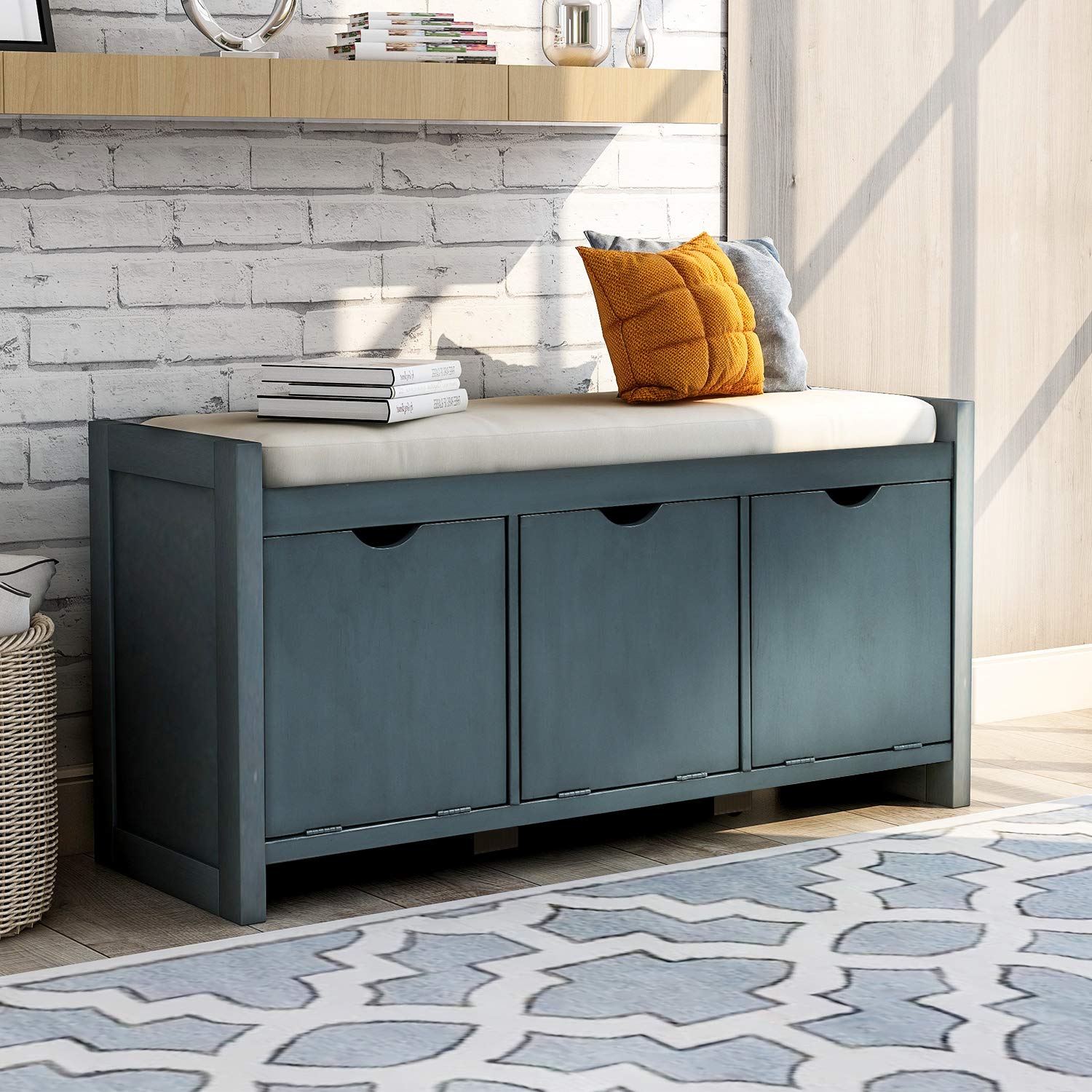 Storage Bench with Removable Cushion & 3 Flip-Lock Storage Cubbies - Entryway Shoe Bench for Living Room, Hallway & Bedroom Organization
