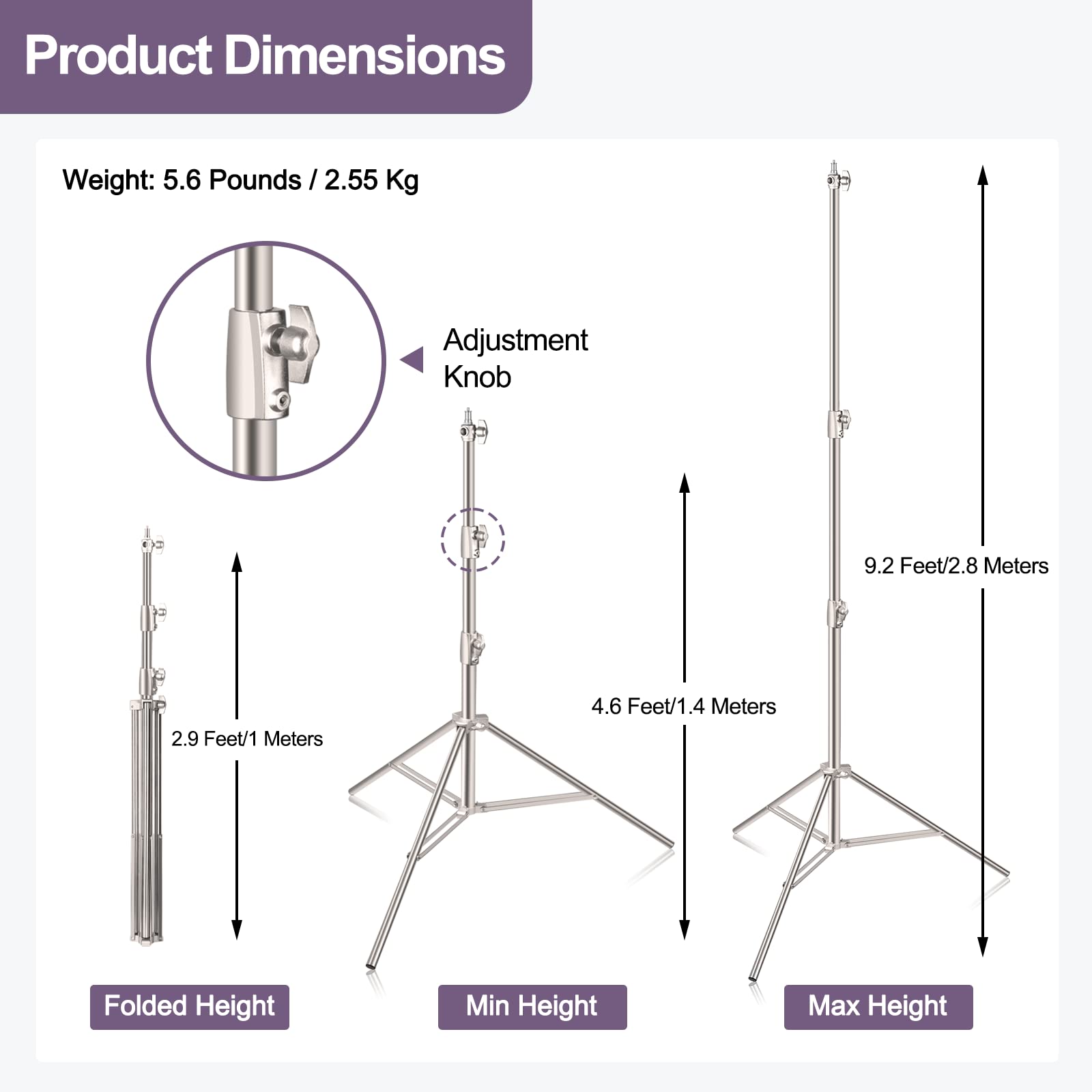 EMART 9.2ft/2.8m Professional Stainless Steel Light Stand with Spring Cushion - Heavy Duty Photography Tripod with 1/4