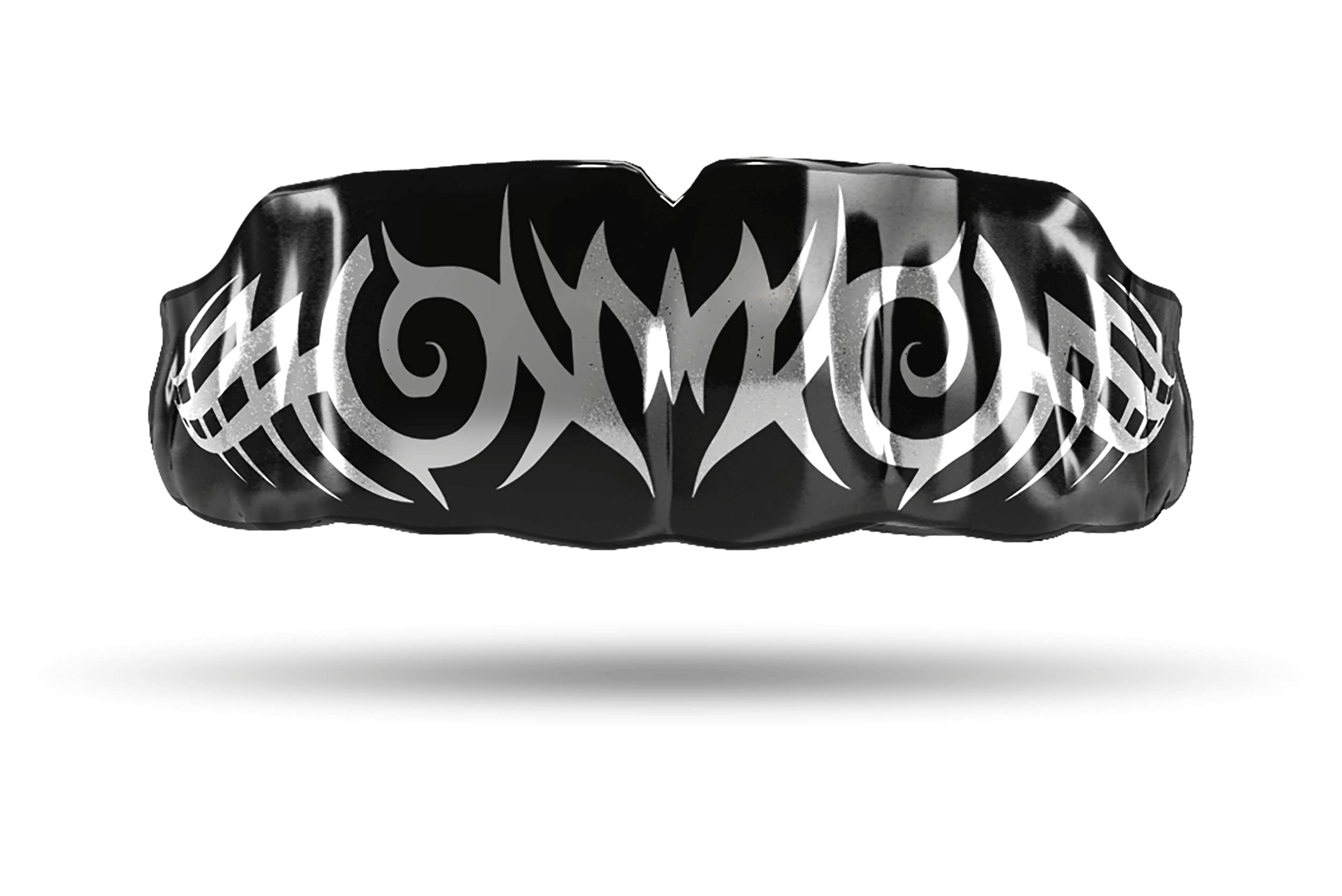 Professional Custom-Fit Impact Mouthguard for Boxing, MMA & Muay Thai - Youth & Adult Sports Protection - Tribal Silver on Black Design - Perfect for Training & Competition