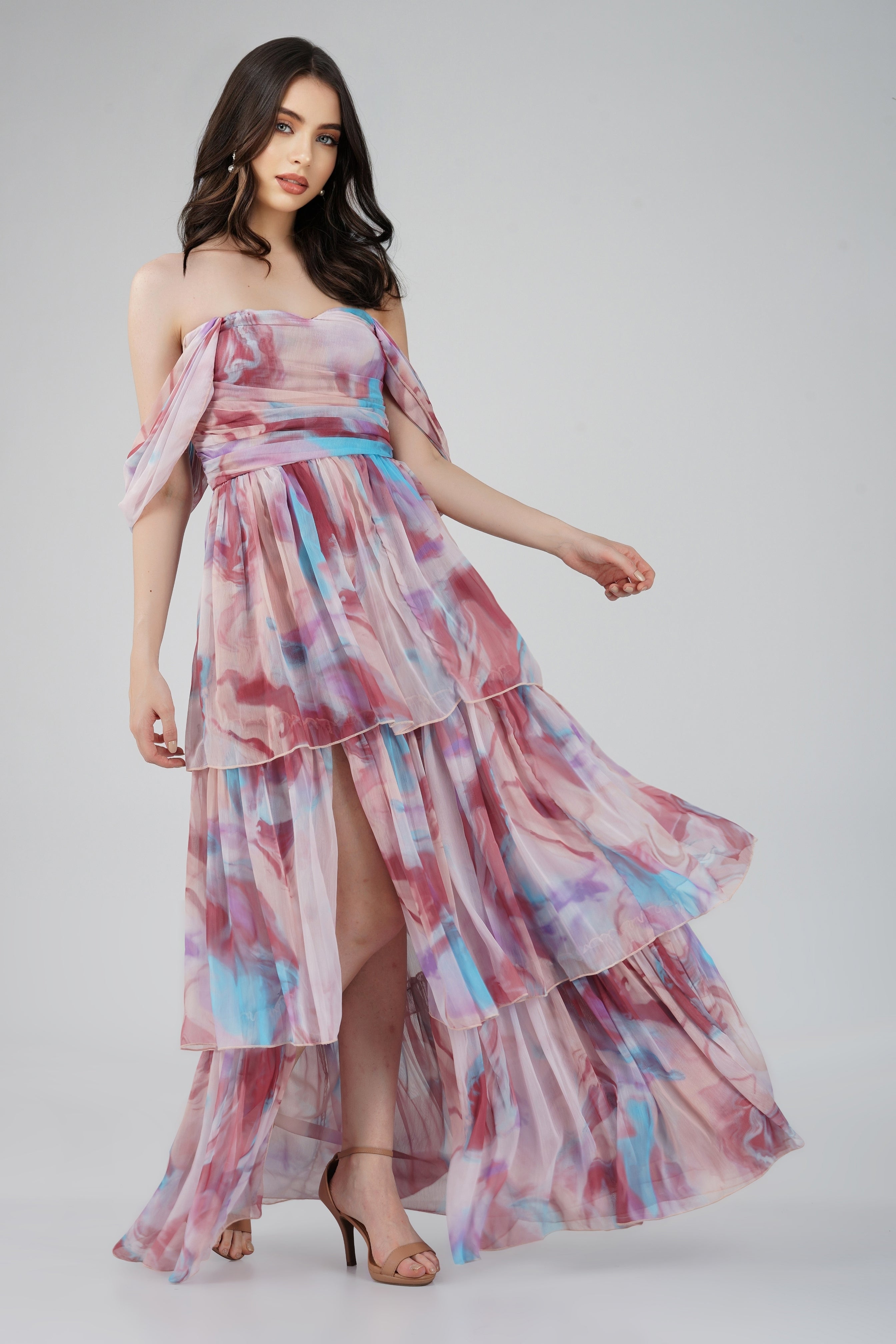 Burgundy Print Sydney Chiffon Maxi Dress - Elegant Flowy Long Dress for Women, Perfect for Weddings, Parties & Summer Vacations