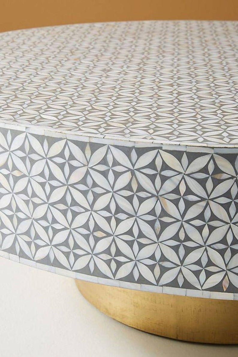 Handmade Bone Inlay Geometric Design Round Coffee Table with Brass Base - Grey Modern Boho Accent Table for Living Room, Lounge & Office Decor