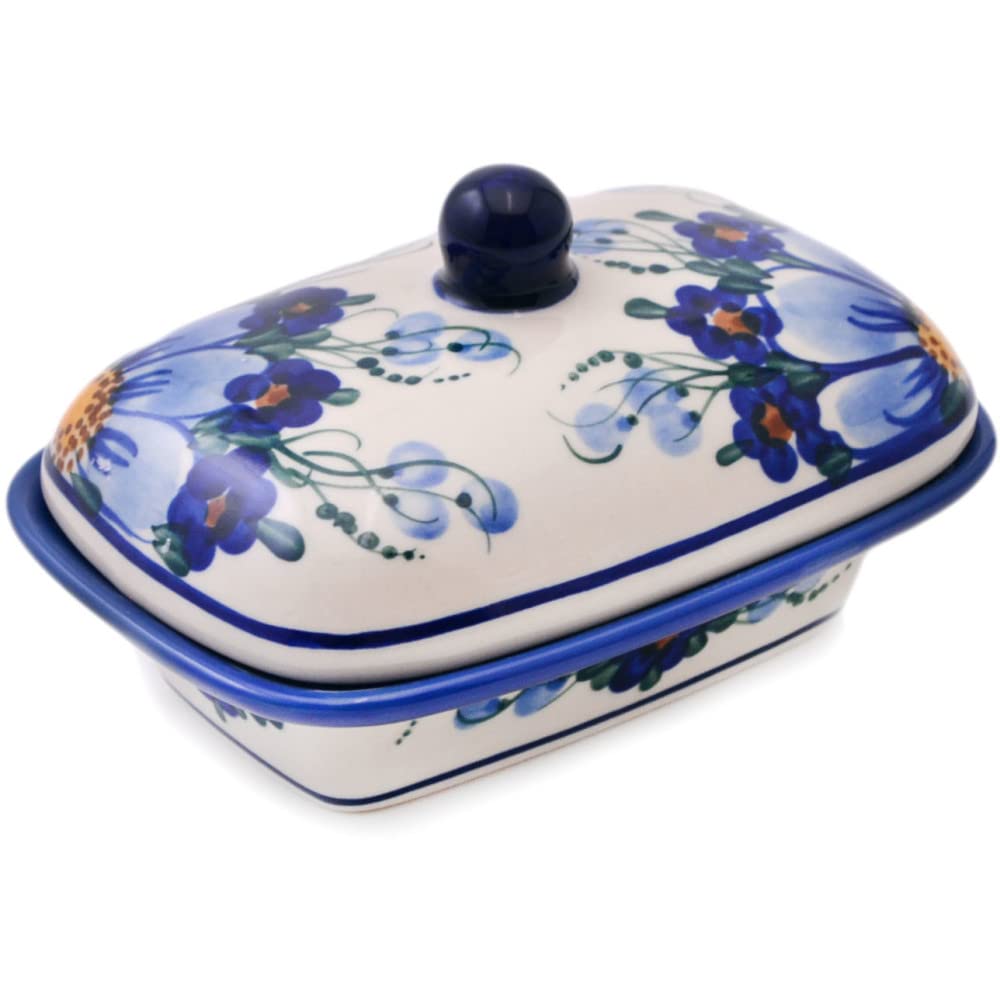 Authentic Polish Pottery 7.25-inch Butter Dish - Handmade Himalayan Blue Poppy Design, UNIKAT Certified with COA | Perfect for Kitchen Storage, Dining Table Decor & Gift Giving