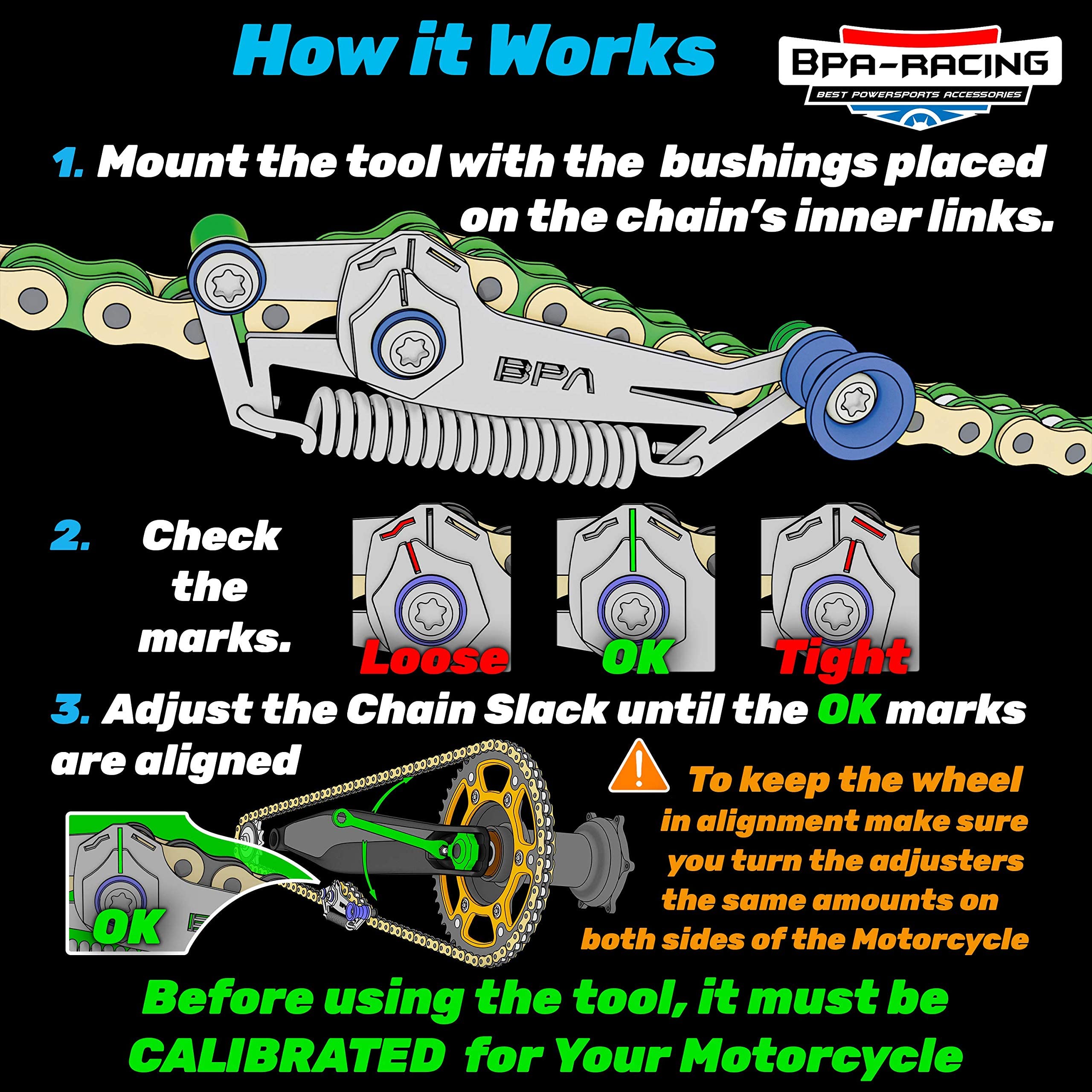 BPA-Free Racing Motorcycle Chain Slack Adjuster Tool - Quick & Precise Chain Tensioning Tool for Dirt Bikes, Sport Bikes & Cruisers - Easy Installation & Adjustment (Blue) - Perfect for Track Days, Off-Road Adventures & DIY Maintenance
