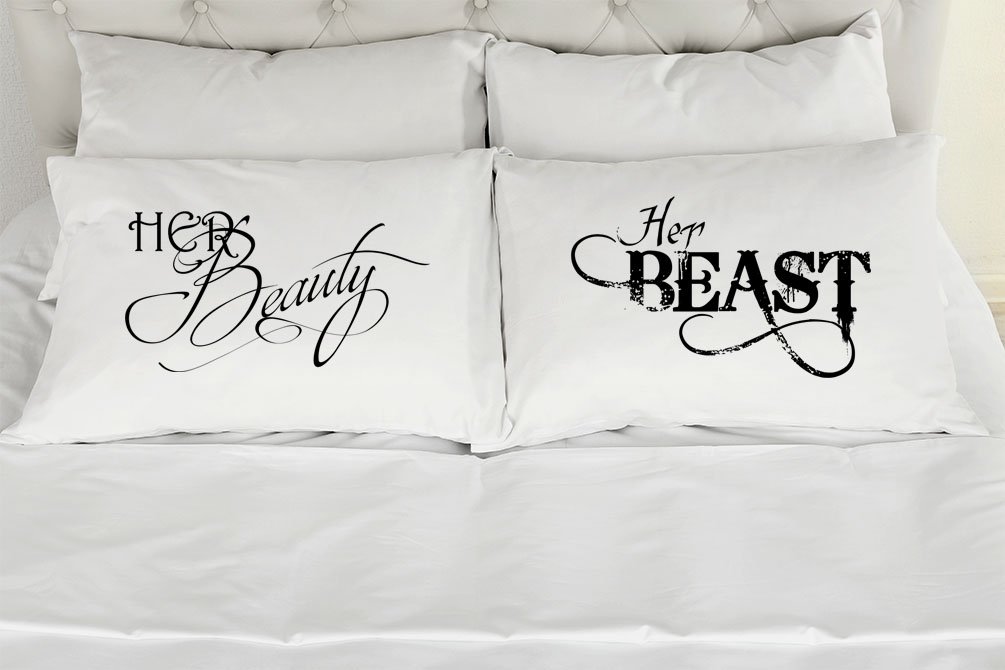 Her Beauty Her Beast Lesbian Couples Cotton Pillowcases - King Size White Soft Bedding for LGBTQ+ Couples | Perfect for Romantic Bedroom Decor & Anniversary Gifts