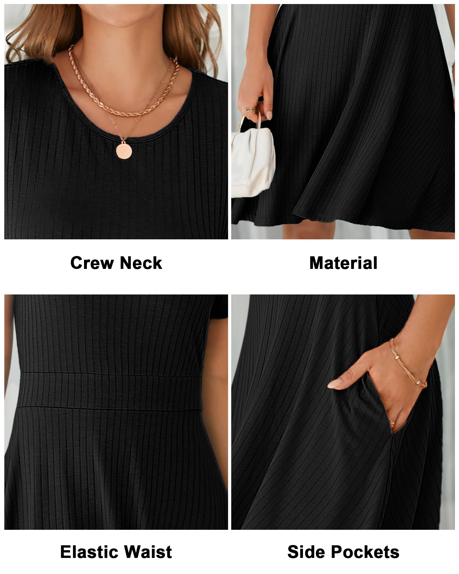 Newshows Women's 2025 Summer Short Sleeve Ribbed Knit A-Line Swing Dress - Casual Beach Vacation Sundress with Pockets | Perfect for Pool Parties, Tropical Getaways & Summer Outings
