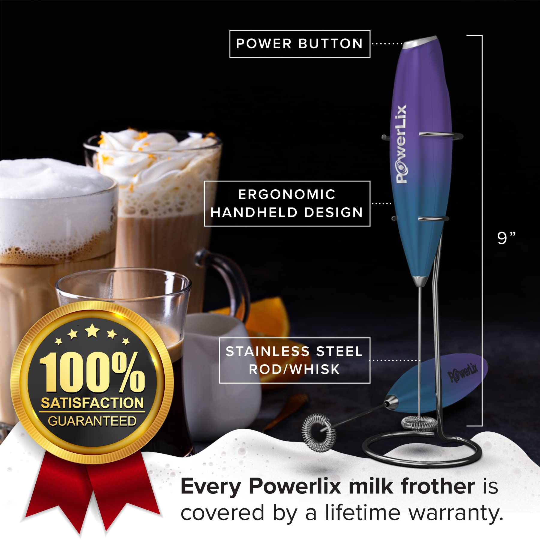PowerLix Powerful Handheld Milk Frother - Battery Operated Foam Maker for Coffee, Hot Chocolate & Lattes - Includes Stand (Black/Purple/Turquoise) - Perfect for Home, Office & Cafe Use