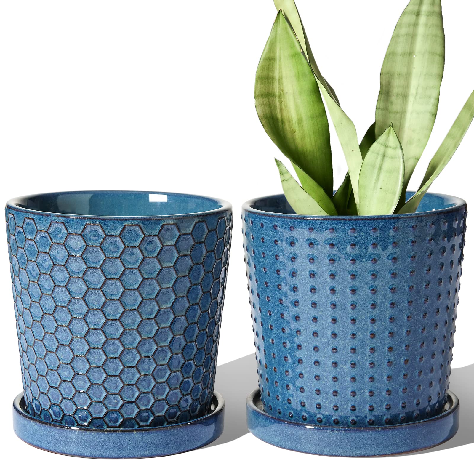 LE TAUCI 5.5 Inch Ceramic Flower Pots with Drainage Hole & Saucer - Set of 2 Reactive Glaze Blue Indoor Planters for Succulents, Snake Plants, Cactus - Perfect for Home Decor, Office Desk & Gift Giving