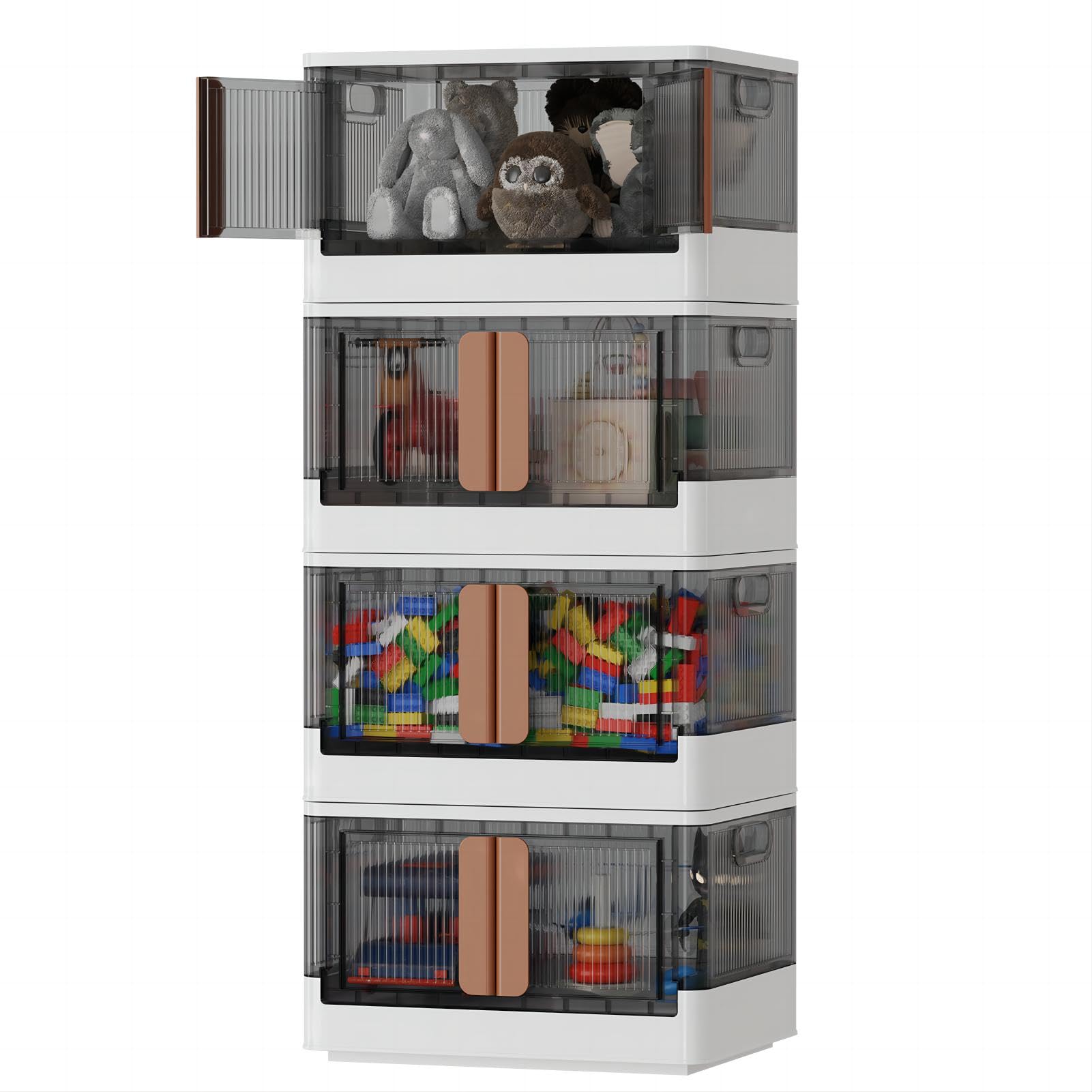 Sineda 4-Pack 8.4 Gallon Stackable Storage Bins with Lids - Collapsible Plastic Storage Containers with Wheels & Door - White Organizing Bins for Home, Office, Garage, Closet, and Toy Storage