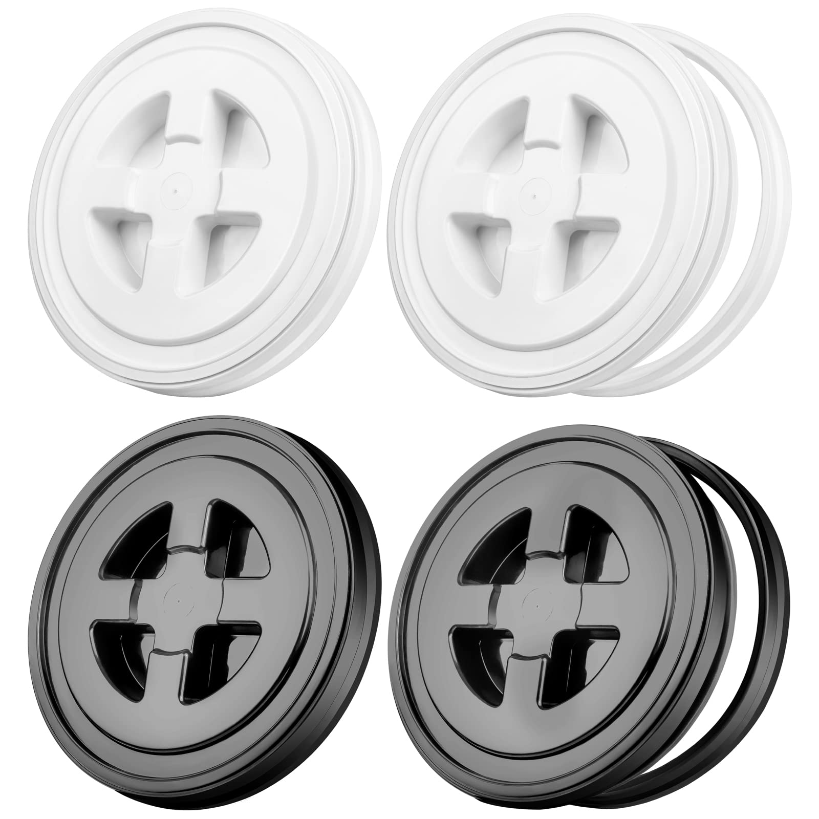 Aodaer 4-Piece 5 Gallon Bucket Twist Lid Set - Reusable Plastic Food Storage Container Lids (Black & White) - Airtight Seal for Dry Food, Pet Supplies & Bulk Storage
