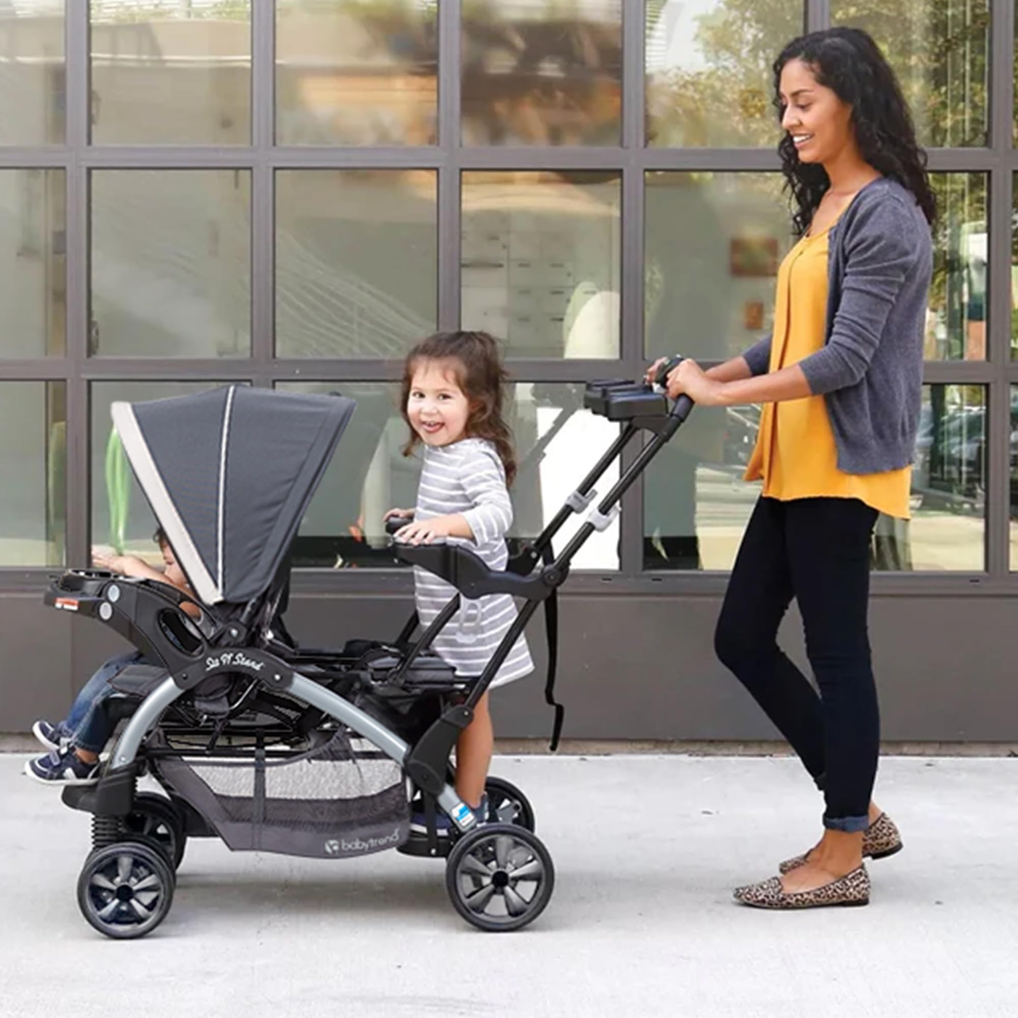 Baby Trend Sit N' Stand Convertible Double Stroller - Lightweight Foldable Travel Stroller for Toddler & Infant with 5-Point Safety Harness, Large Storage Basket | Perfect for Shopping, Travel & Daily Walks (Magnolia)
