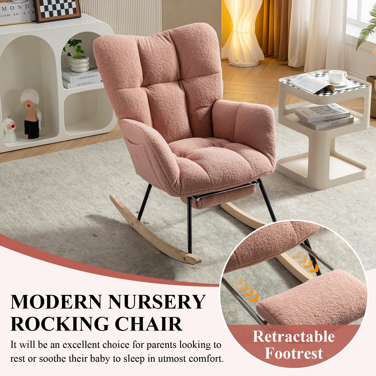 NIOIIKIT Nursery Rocking Chair - Teddy Upholstered Glider Chair with Adjustable Footrest, Padded Recliner & High Back Support - Pink Rocker Recliner for Nursery, Baby Room, Breastfeeding & Reading (Perfect for New Moms & Nursery Decor)
