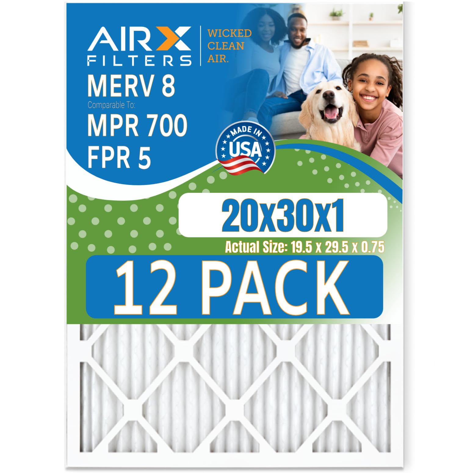 20x30x1 MERV 8 Air Filters - 12 Pack Premium Furnace Filters (MPR 700 & FPR 5 Equivalent) - Made in USA by AIRX FILTERS - Perfect for HVAC Systems, Home Air Purification & Allergy Relief