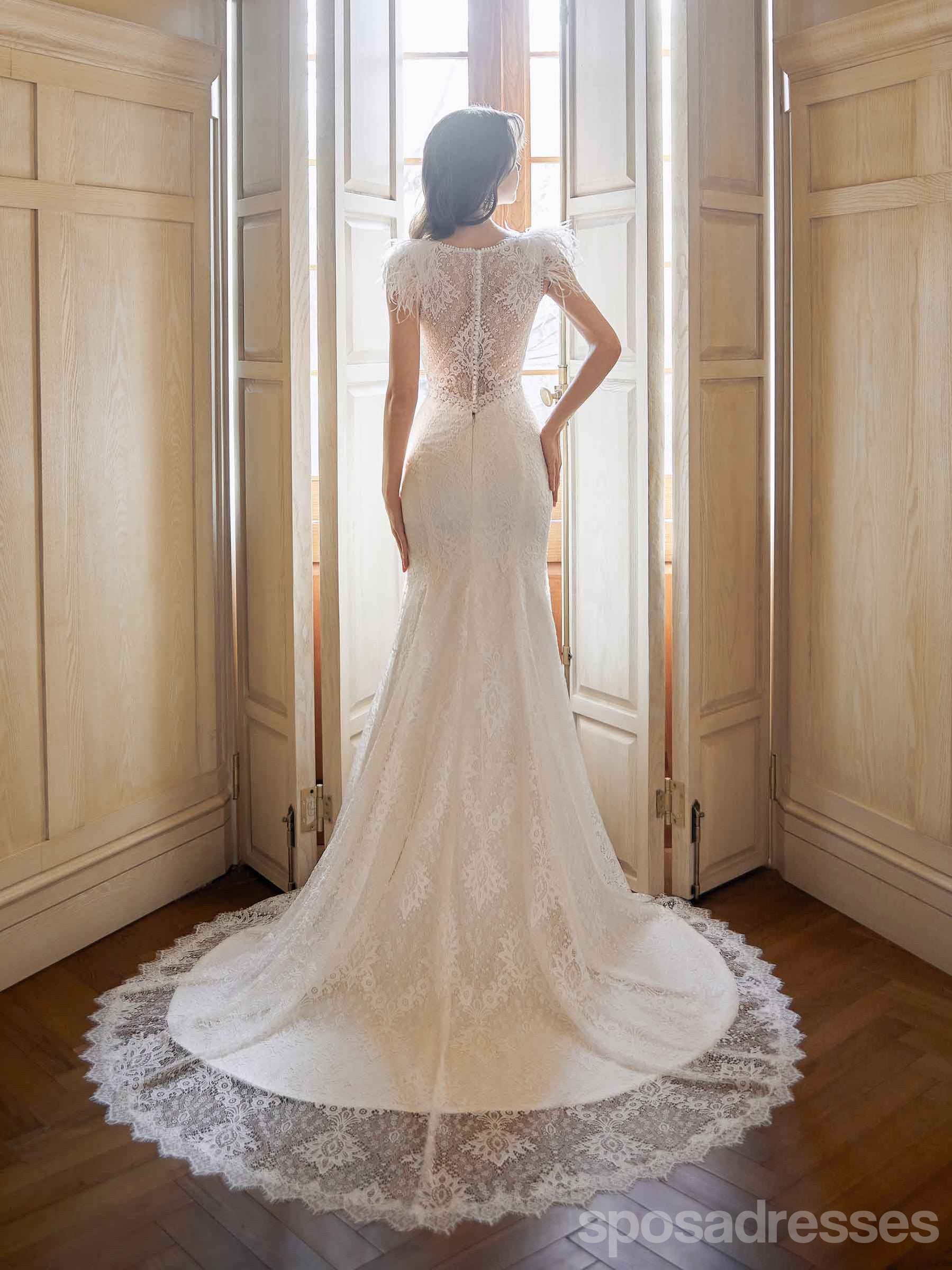Elegant Mermaid Off White V-Neck Long Handmade Lace Wedding Dress WD819 - Perfect for Beach Weddings, Vow Renewals & Romantic Photoshoots