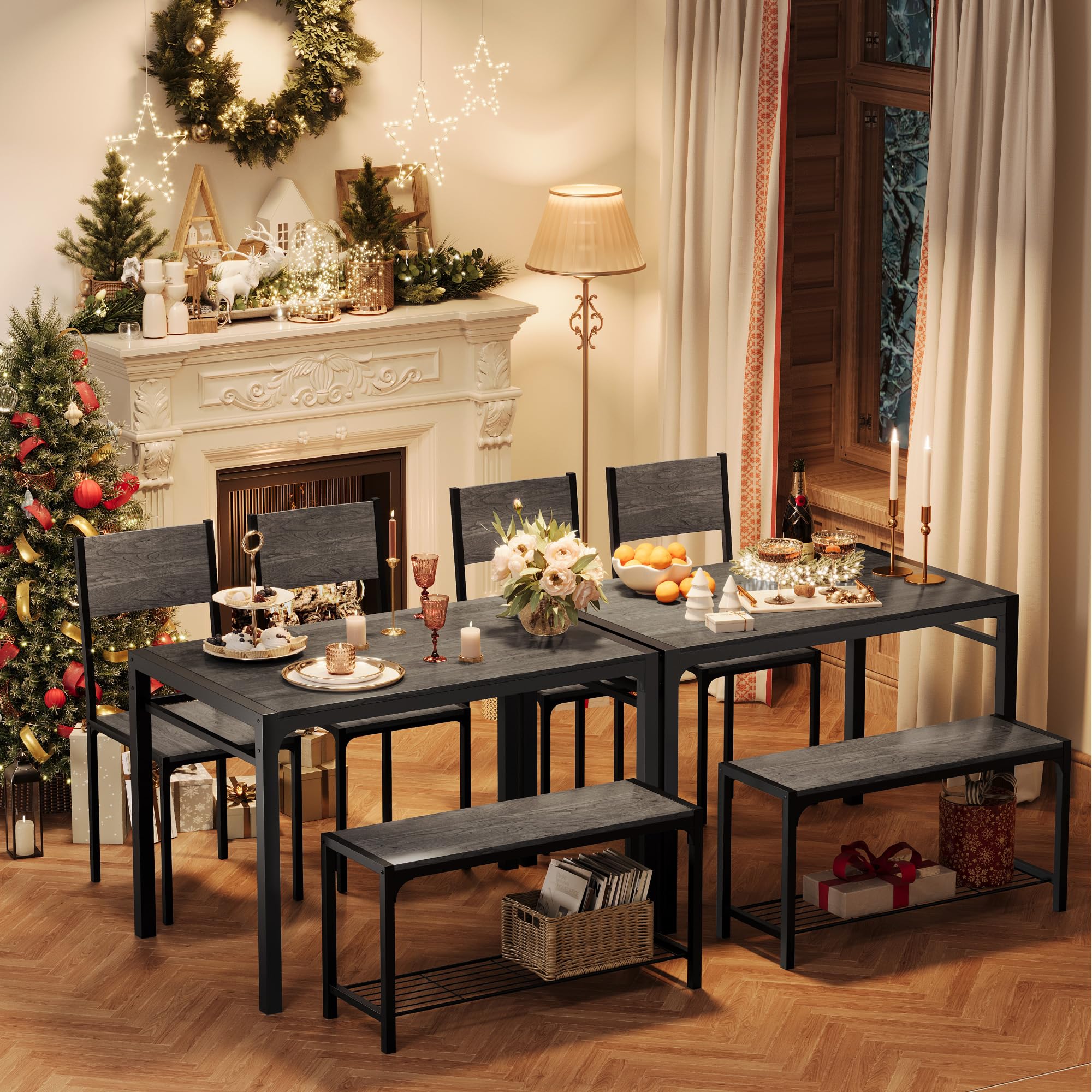 Shahoo 4-Piece Dining Set with Table, 2 Chairs & Bench - Compact Kitchen Table for Small Spaces in Dark Grey - Perfect for Apartments, Breakfast Nooks & Cozy Dining Areas
