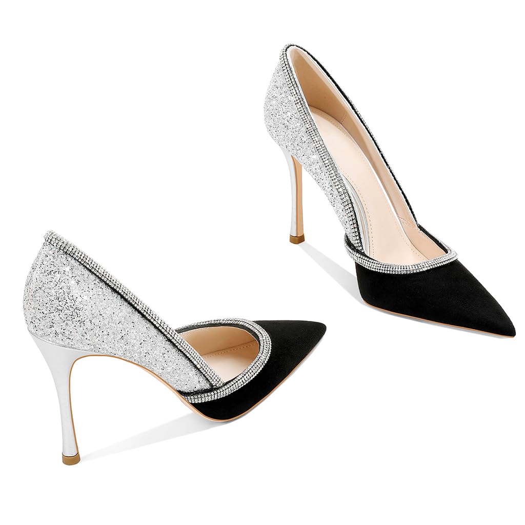 Sparkly Women's Rhinestone Pumps - Black & Silver Pointed Toe Stiletto Heels (3.74