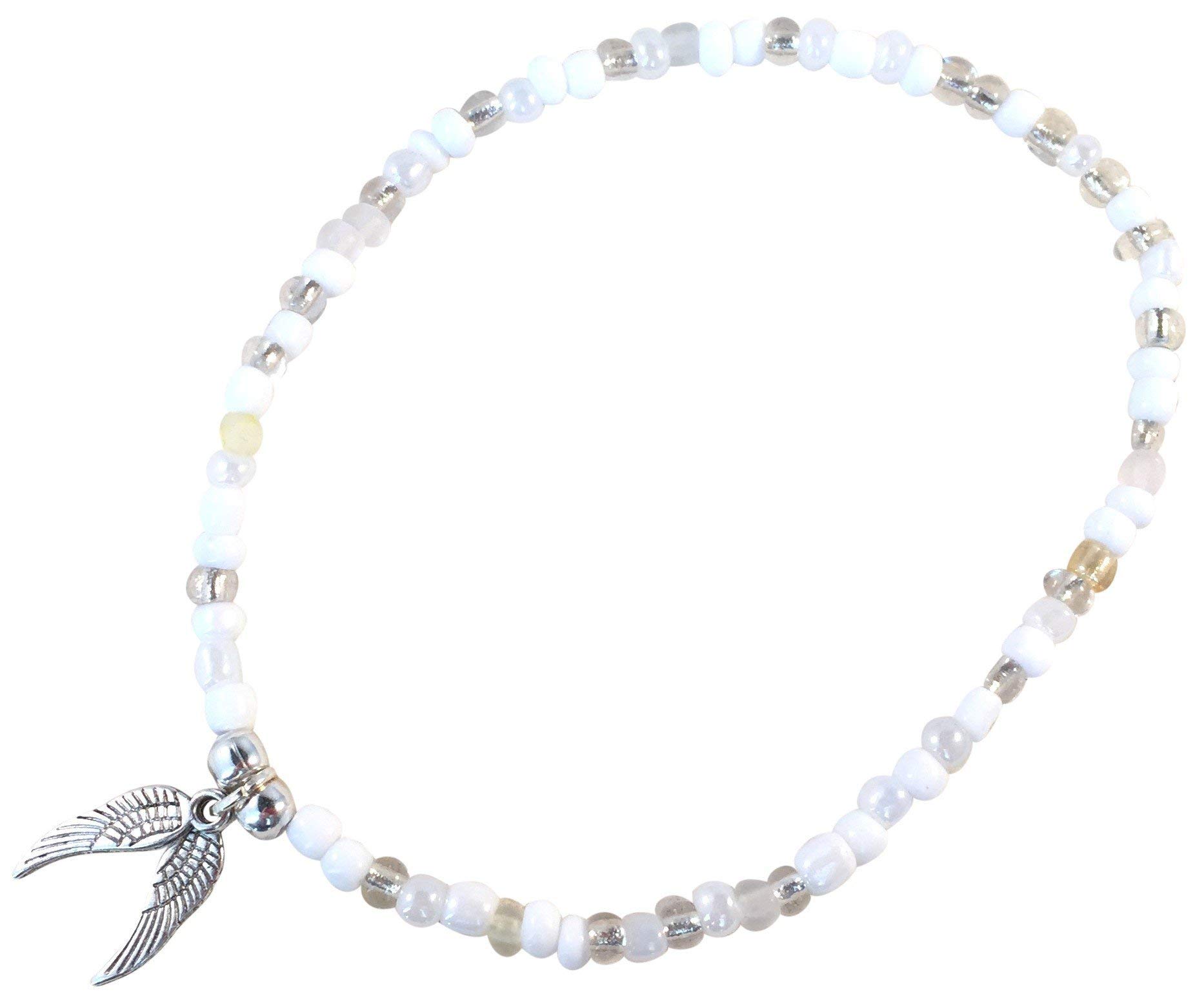 Angel Wings Charm Anklet - Elegant White Glass Seed Beads with Silver Tone Charm - Adjustable 10 Inch Ankle Bracelet for Women - Perfect for Beach, Boho Style & Everyday Wear