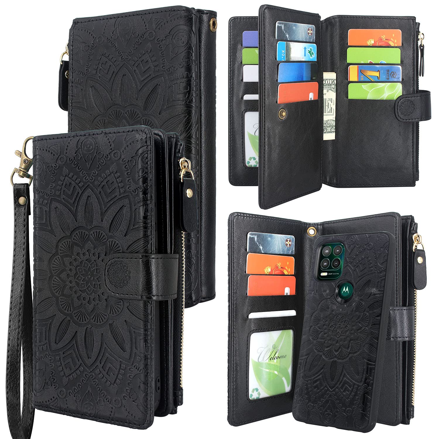 Harryshell Detachable Magnetic Zipper Wallet Case for Motorola Moto G Stylus 5G (2021) - Leather Phone Cover with 12 Card Slots, Cash Pocket & Wrist Strap | Flower Black Design | Perfect for Daily Use, Travel & Business Meetings
