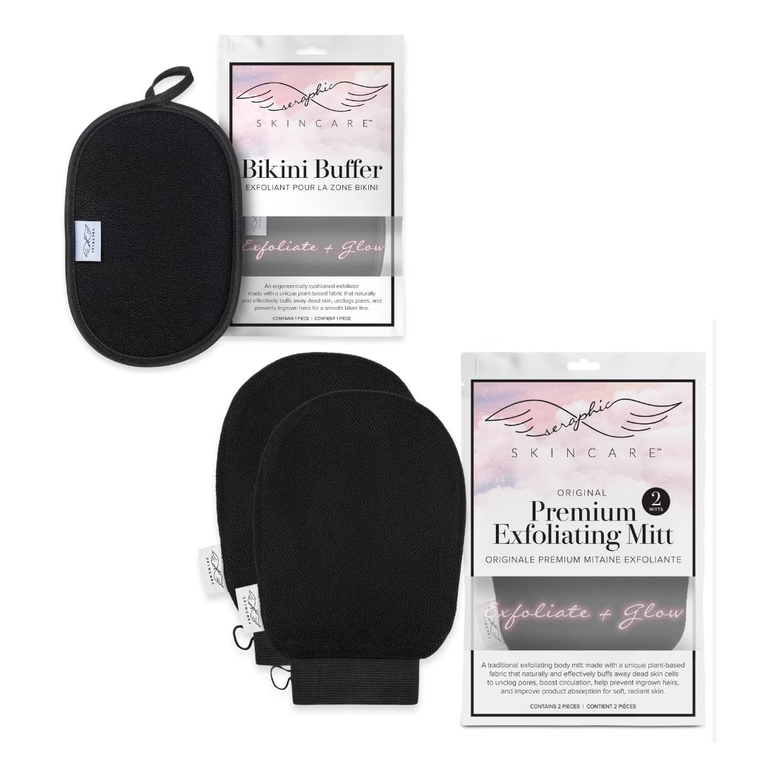 Premium Exfoliating Mitt for Body (2pc) & Bikini Buffer – Effective Body Scrub for Self-Tan Removal, Keratosis Pilaris, Ingrown Hair & Razor Bumps Treatment – Ideal for Pre-Tanning, Post-Waxing & Daily Skincare Routine