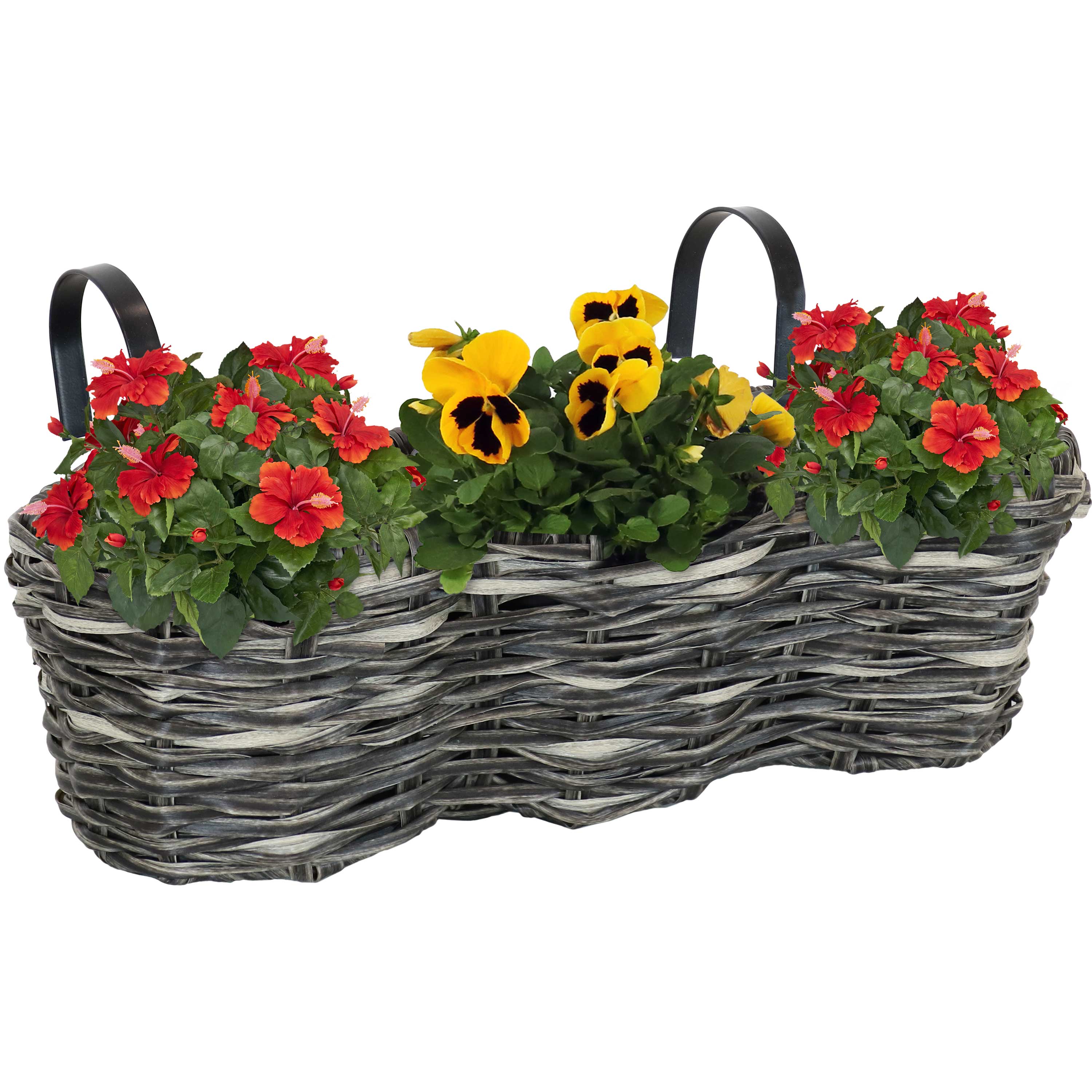 Sunnydaze Round Polyrattan 3-Section Over the Rail Planter Box - Hanging Flower Pot for Balcony, Deck, Porch & Garden Decor