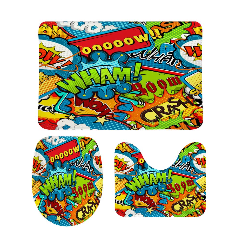 **Soft Coral Fleece 3-Piece Bathroom Rug Set - Non-Slip Toilet Mat, Contour Lid Cover & Shower Mat - Machine Washable, Absorbent Bath Mats for Bathroom Decor (Comic Design) - Perfect for Bathroom Safety & Cozy Home Style**